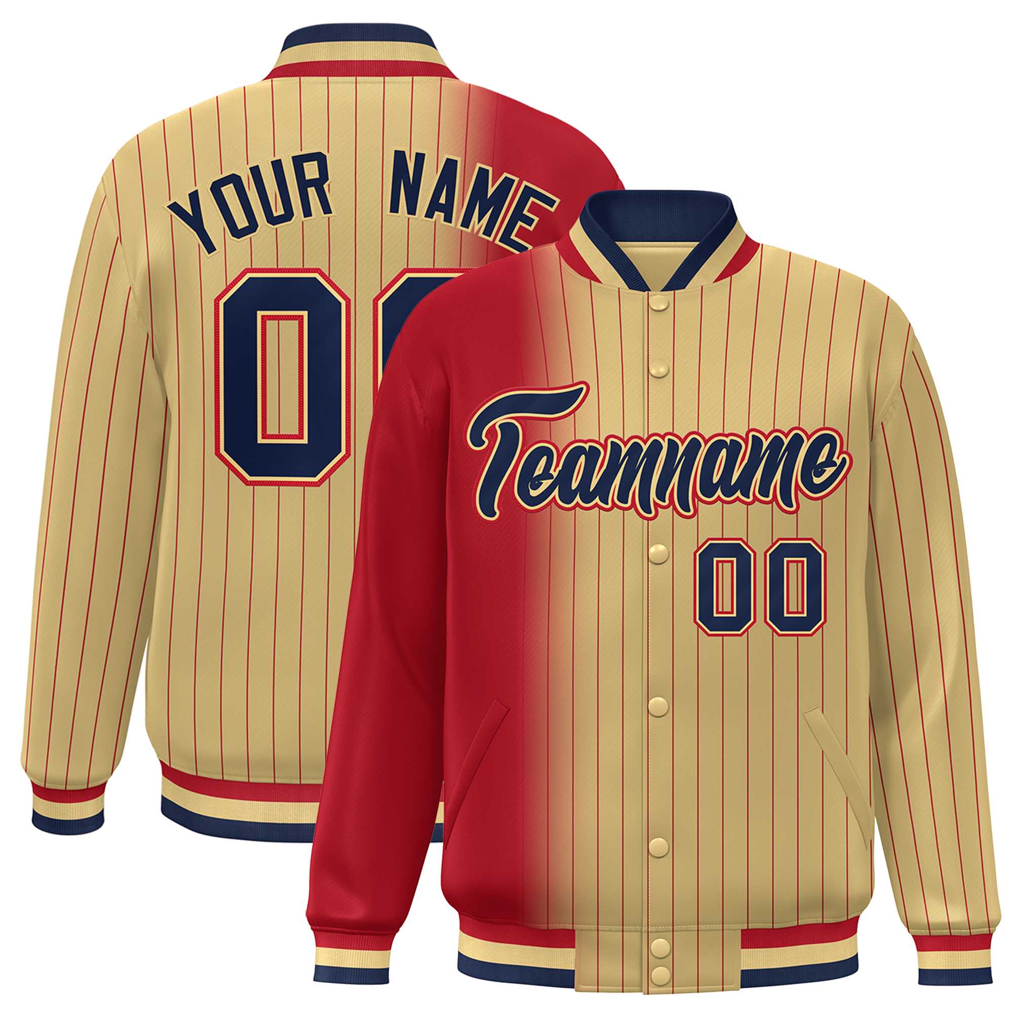 Custom Khaki Red Gradient Varsity Full-Snap Pinstripe Letterman Baseball Jacket