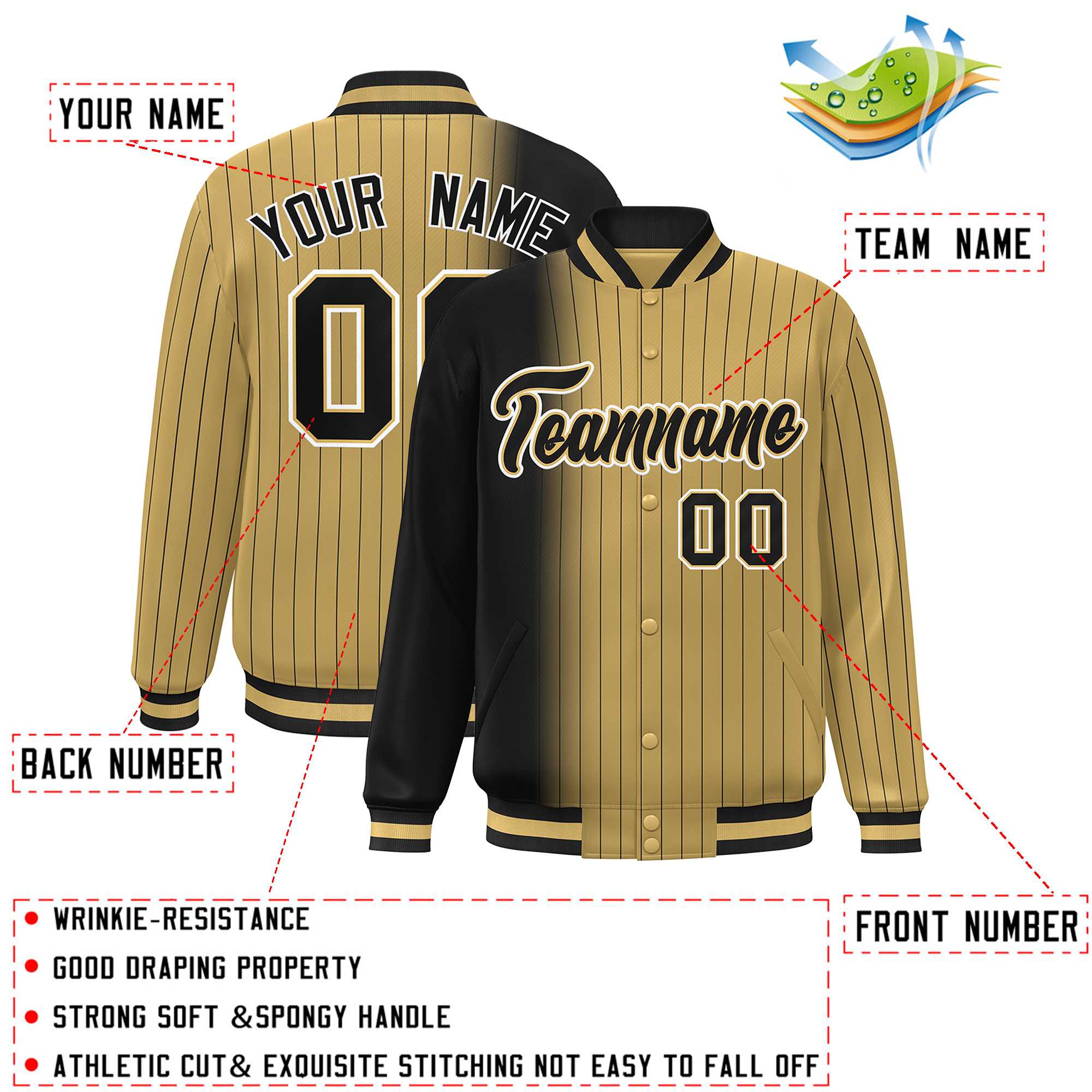 Custom Old Gold Black Gradient Varsity Full-Snap Pinstripe Letterman Baseball Jacket