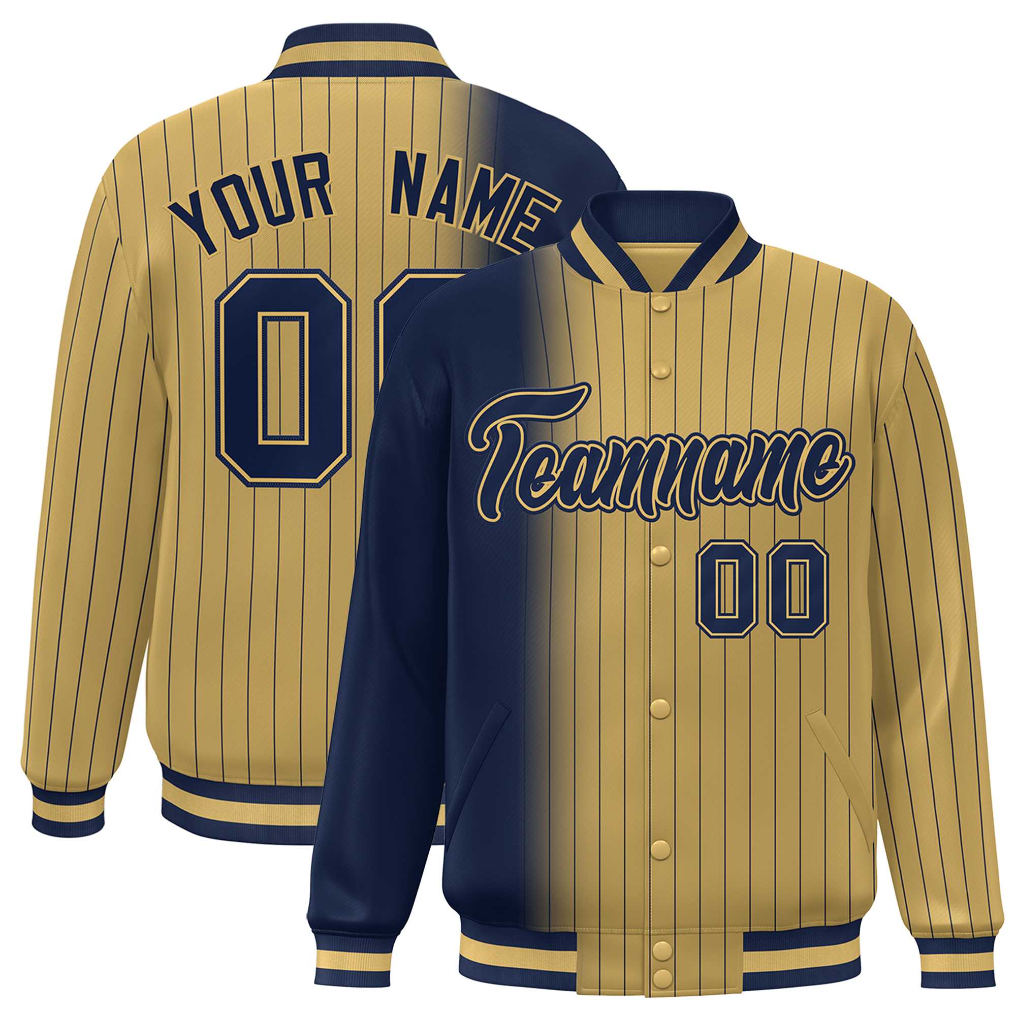 Custom Old Gold Navy Gradient Varsity Full-Snap Pinstripe Letterman Baseball Jacket