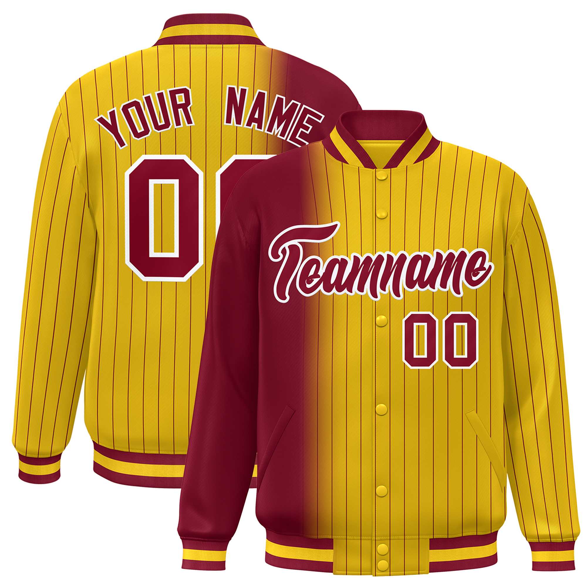 Custom Gold Crimson Gradient Varsity Full-Snap Pinstripe Letterman Baseball Jacket