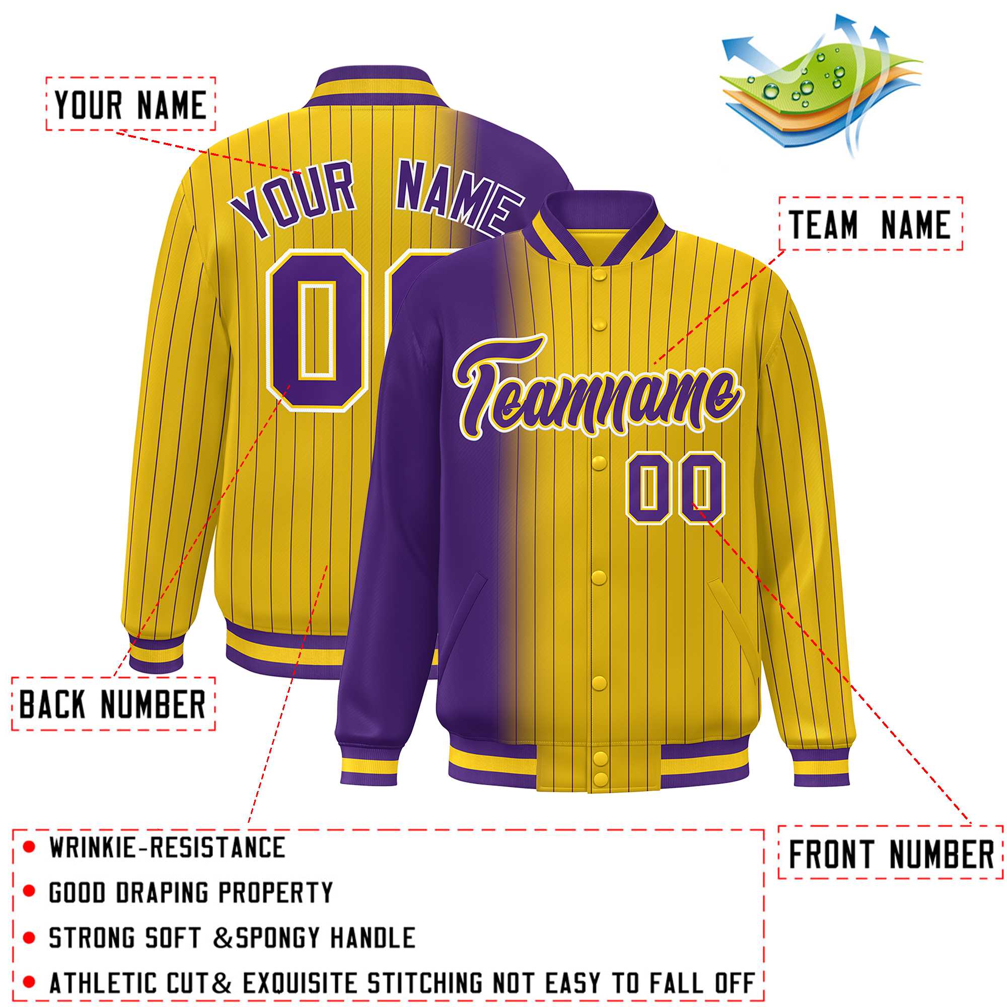 Custom Gold Purple Gradient Varsity Full-Snap Pinstripe Letterman Baseball Jacket