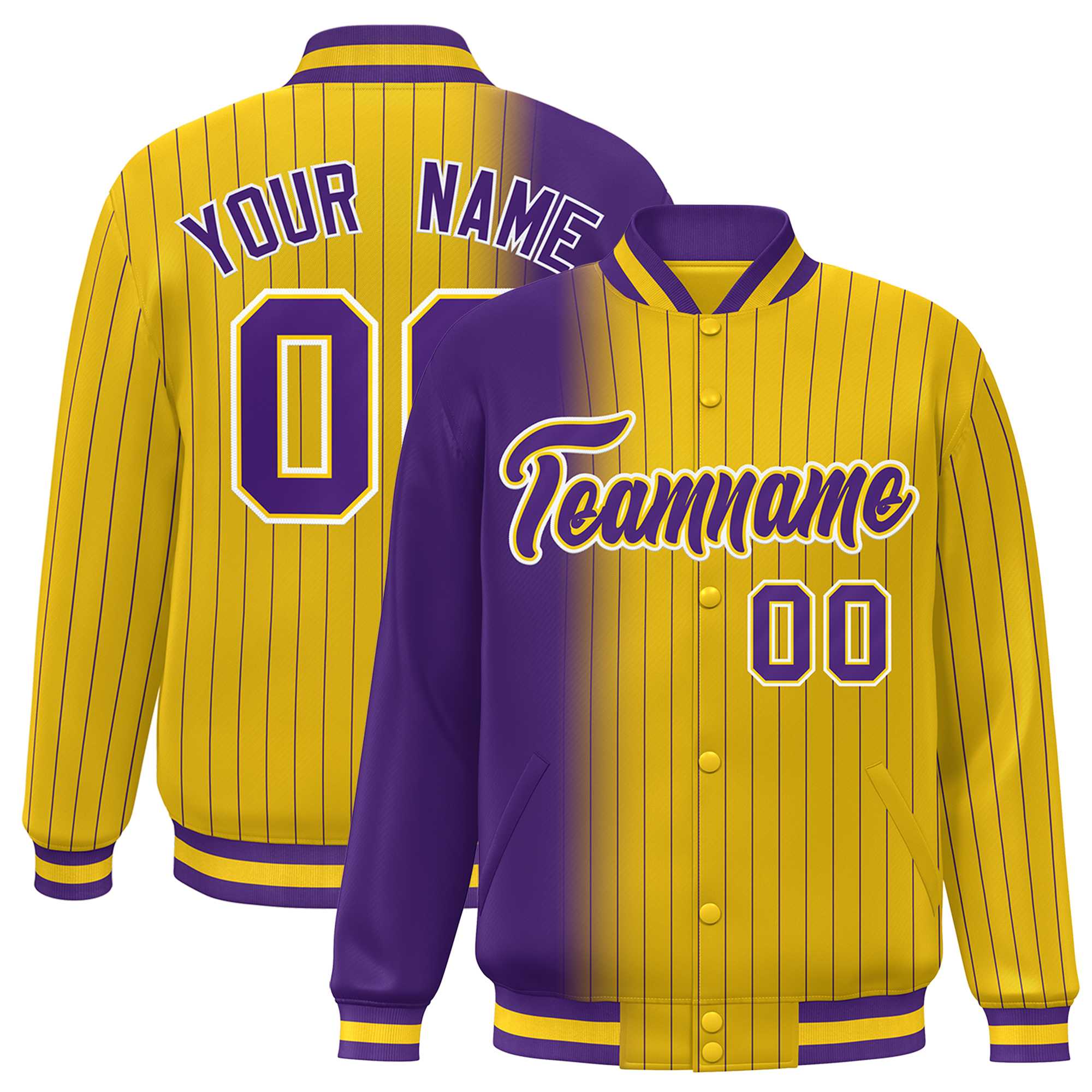 Custom Gold Purple Gradient Varsity Full-Snap Pinstripe Letterman Baseball Jacket