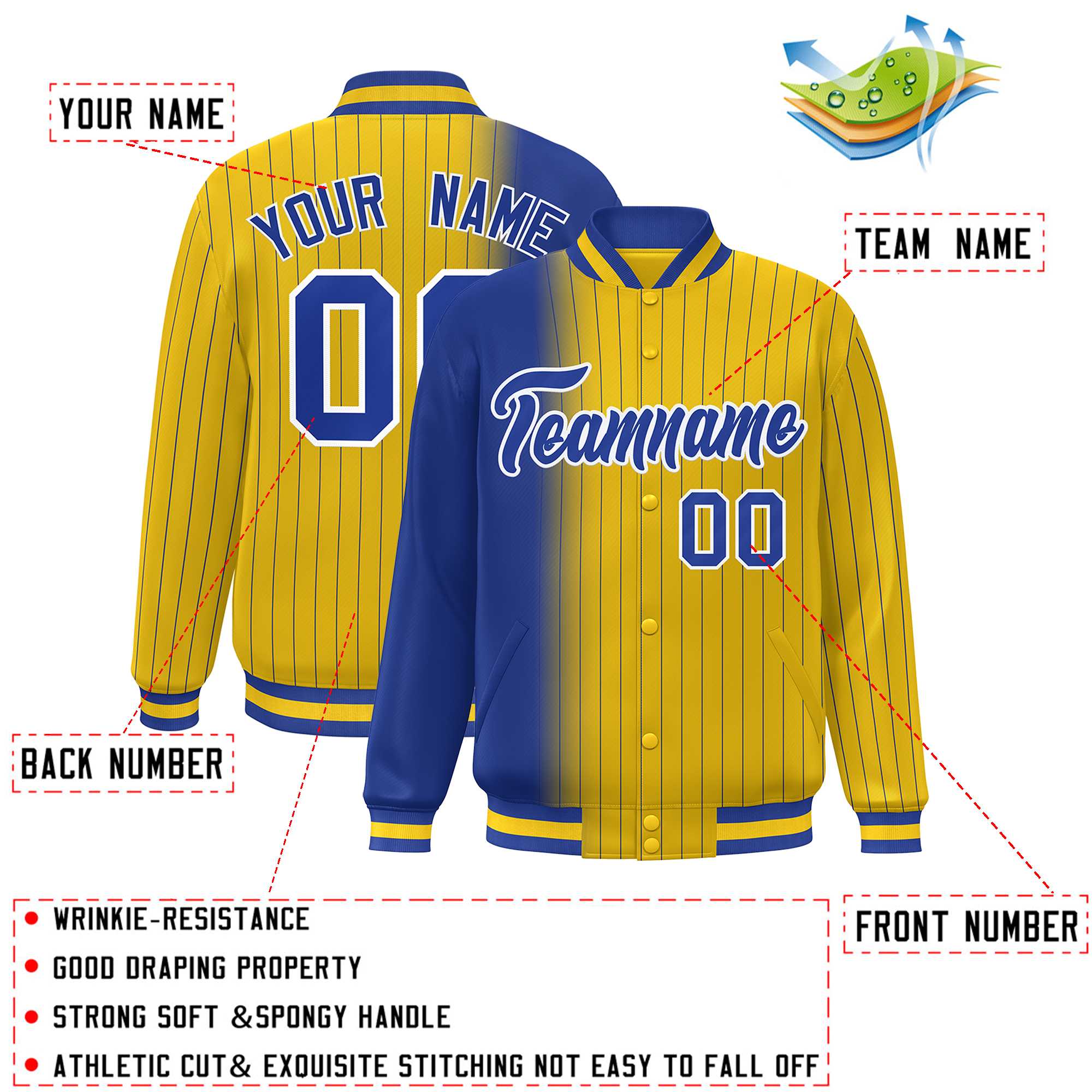 Custom Gold Royal Gradient Varsity Full-Snap Pinstripe Letterman Baseball Jacket