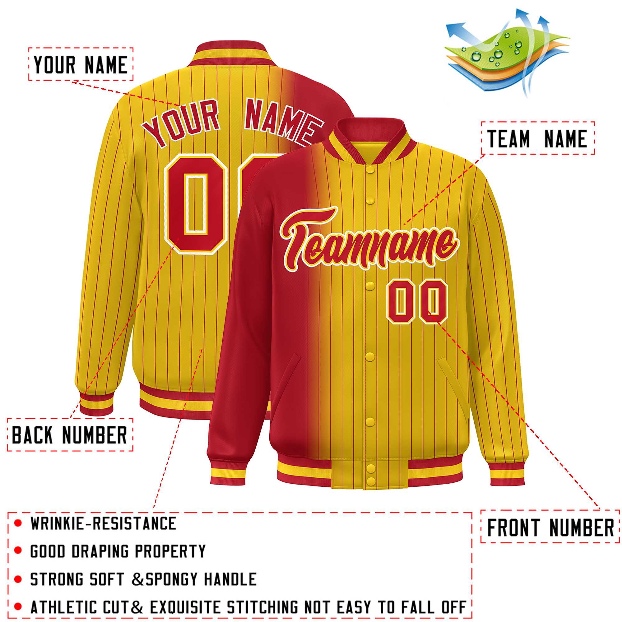 Custom Gold Red Gradient Varsity Full-Snap Pinstripe Letterman Baseball Jacket