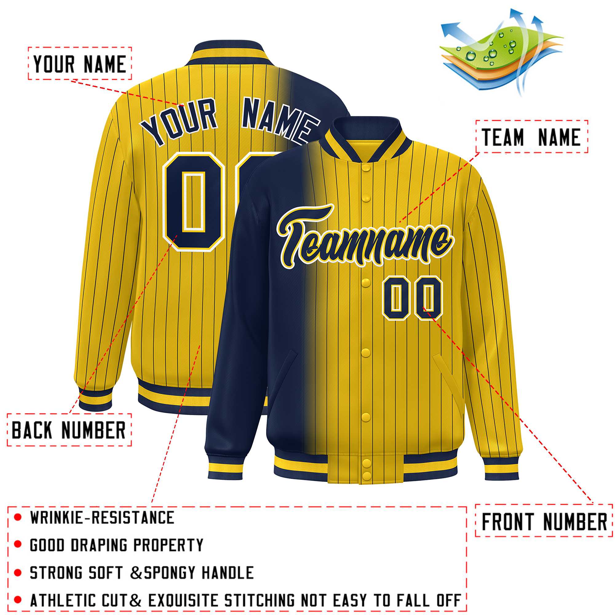 Custom Gold Navy Gradient Varsity Full-Snap Pinstripe Letterman Baseball Jacket