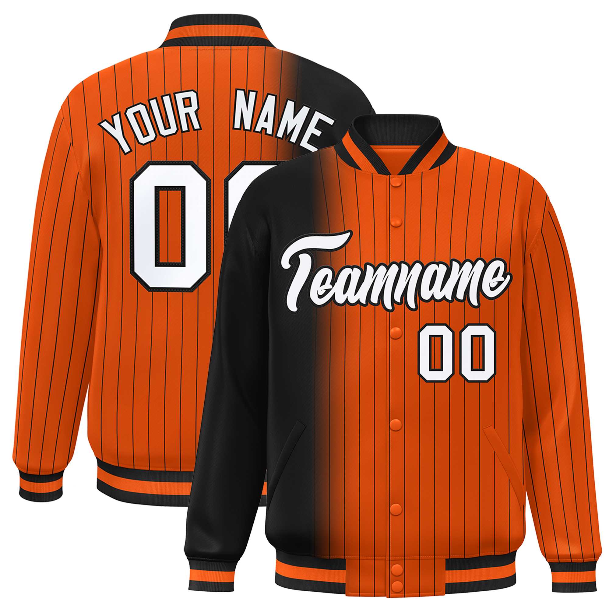 Custom Orange Black Gradient Varsity Full-Snap Pinstripe Letterman Baseball Jacket