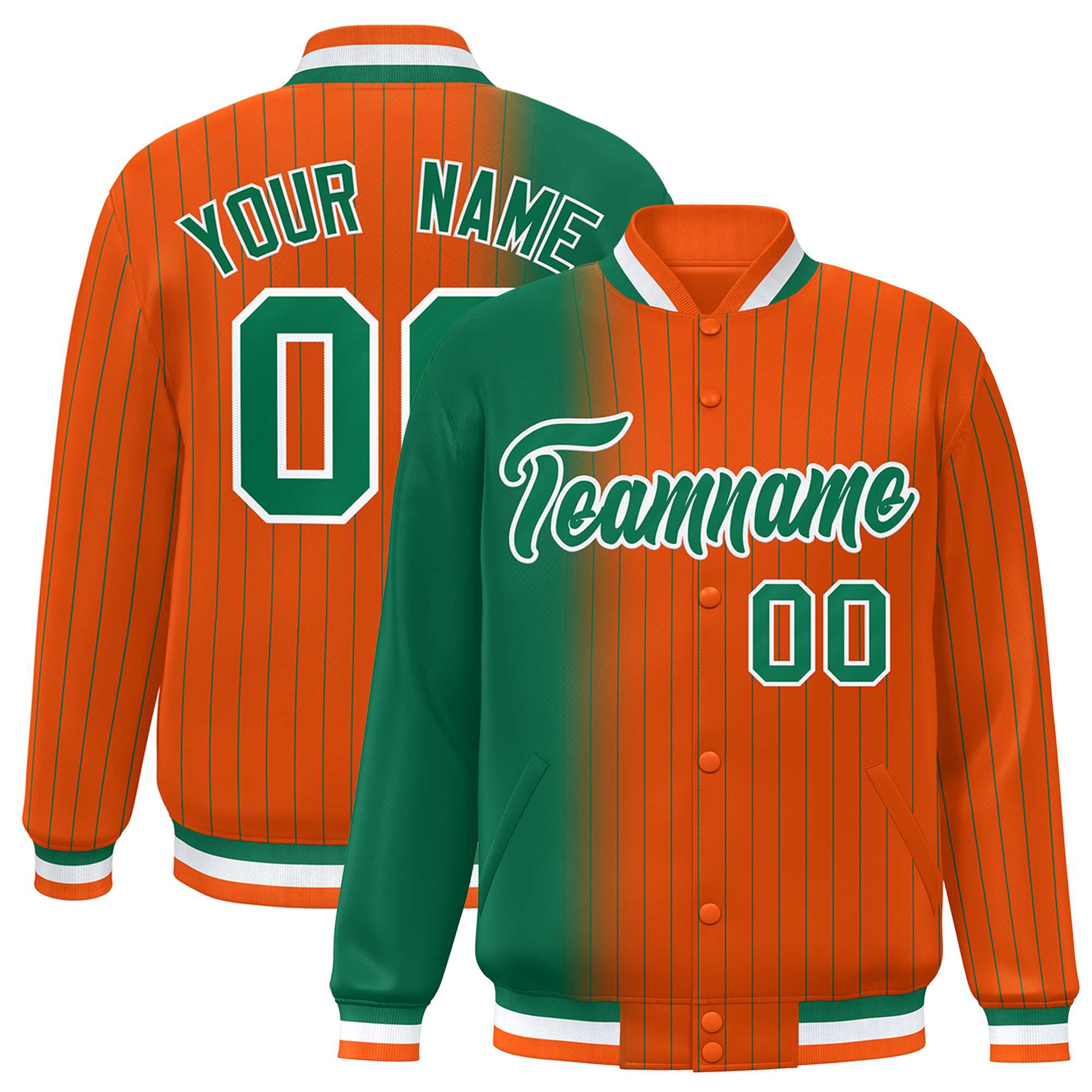 Custom Orange Kelly Green Gradient Varsity Full-Snap Pinstripe Letterman Baseball Jacket