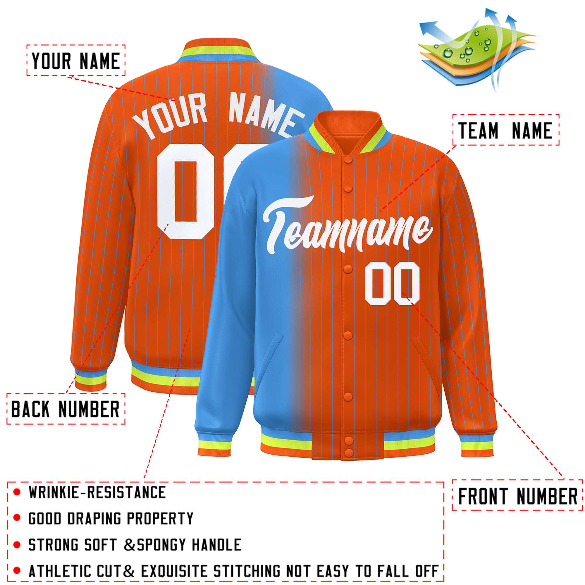 Custom Orange Powder Blue Gradient Varsity Full-Snap Pinstripe Letterman Baseball Jacket