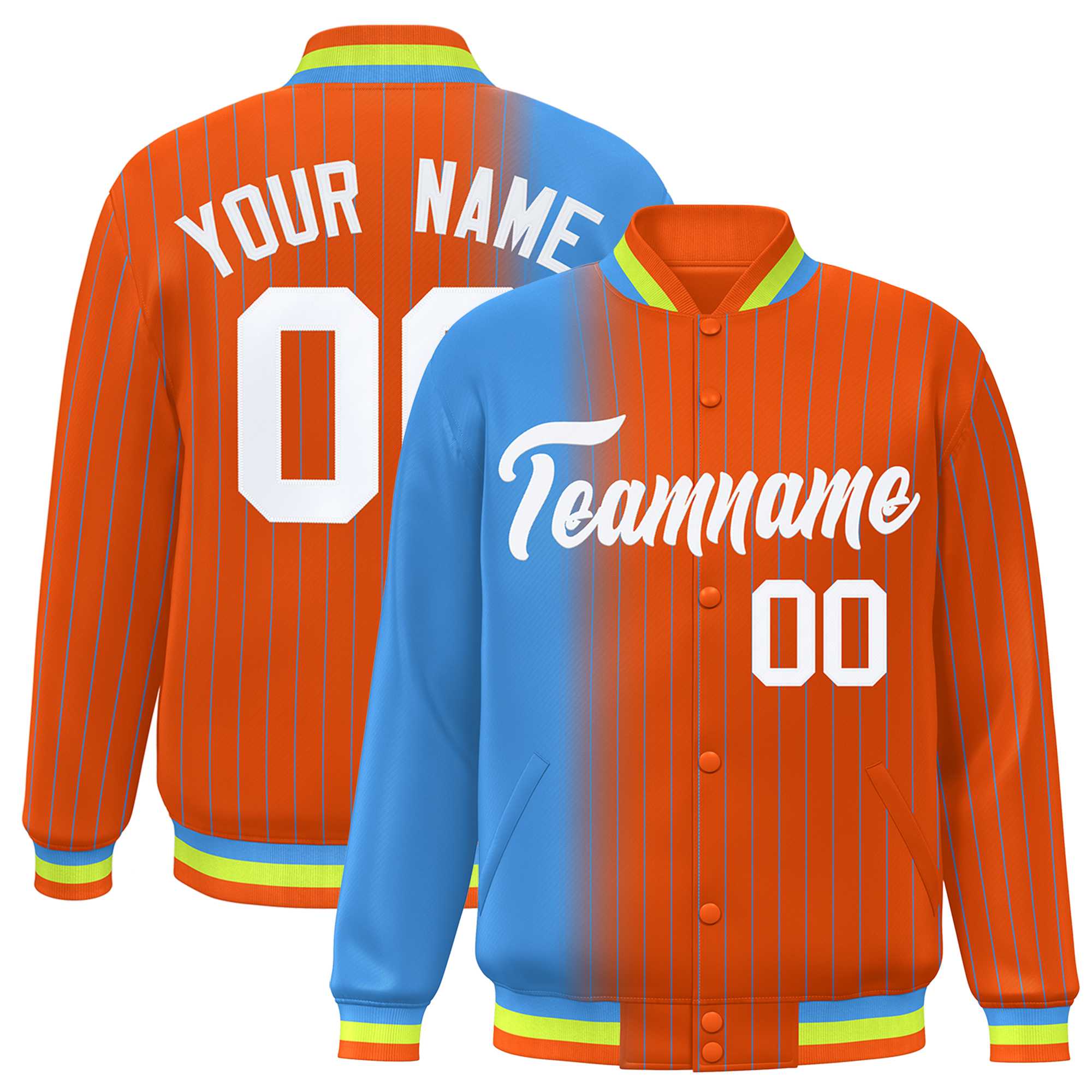 Custom Orange Powder Blue Gradient Varsity Full-Snap Pinstripe Letterman Baseball Jacket