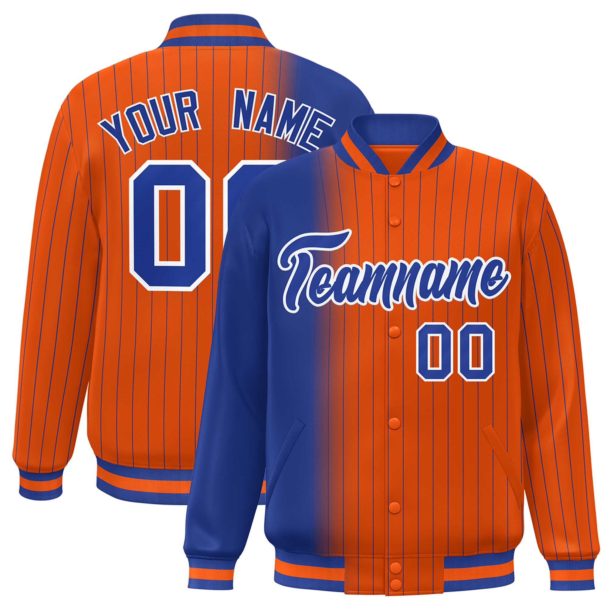 Custom Orange Royal Gradient Varsity Full-Snap Pinstripe Letterman Baseball Jacket