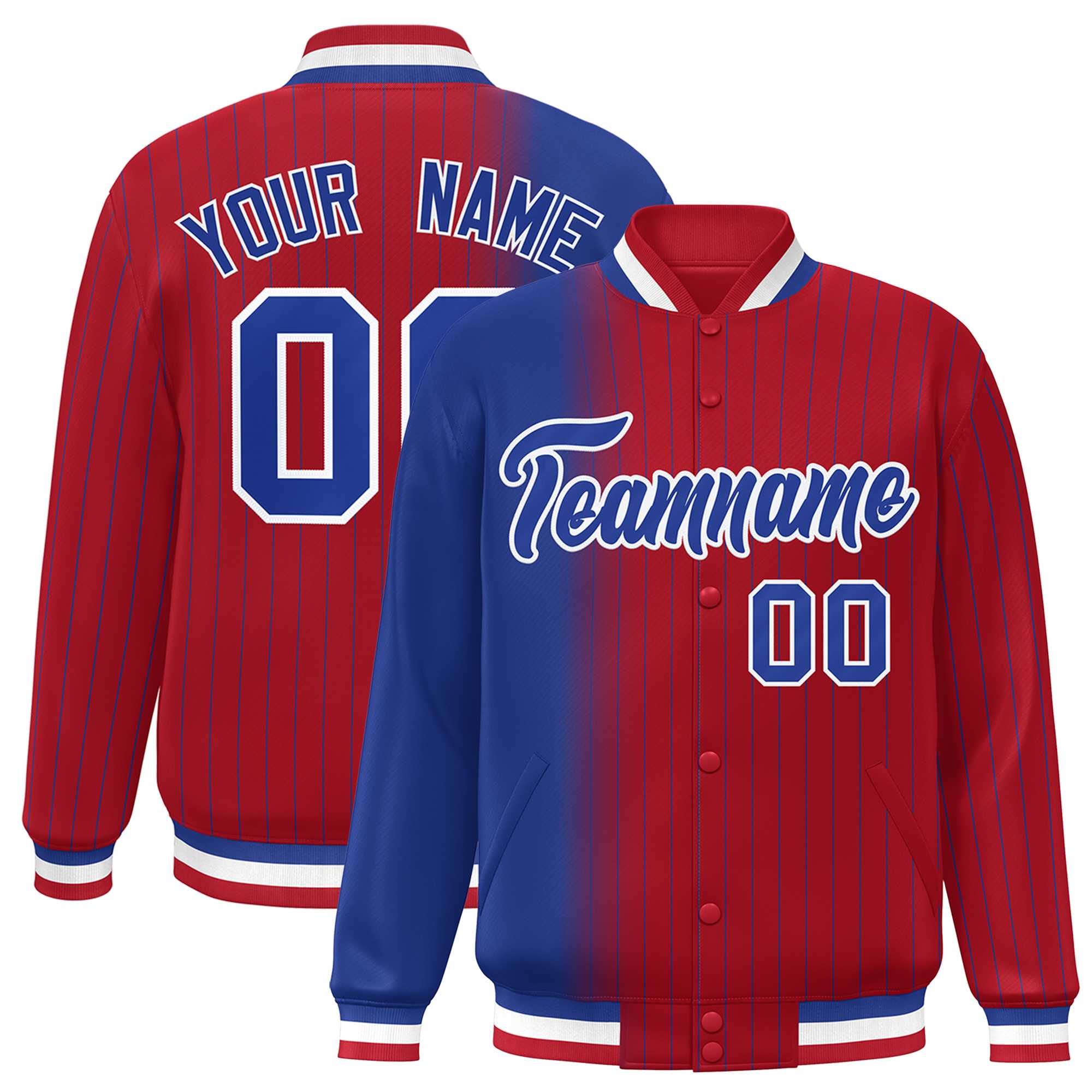 Custom Red Royal Gradient Varsity Full-Snap Pinstripe Letterman Baseball Jacket