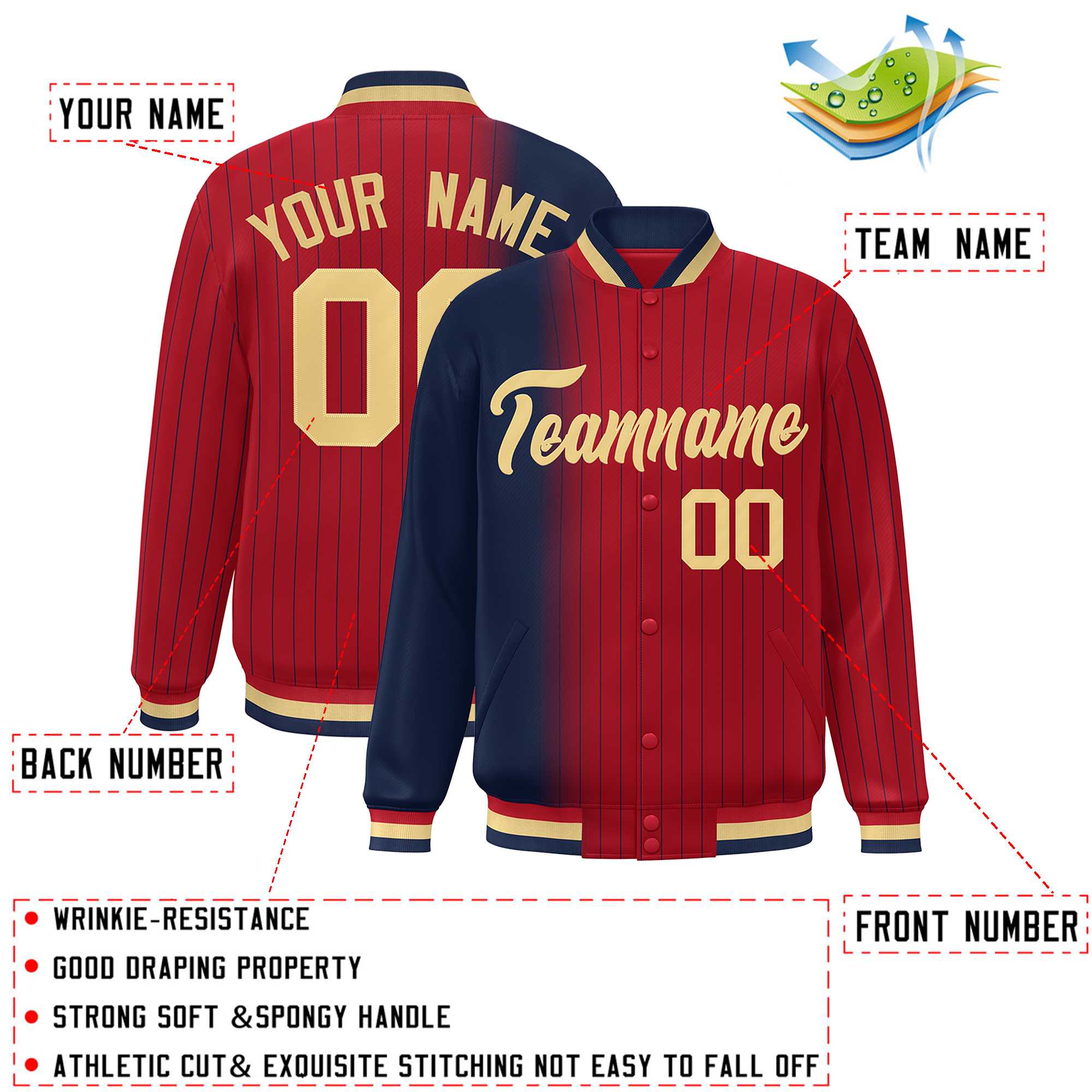 Custom Red Navy Gradient Varsity Full-Snap Pinstripe Letterman Baseball Jacket