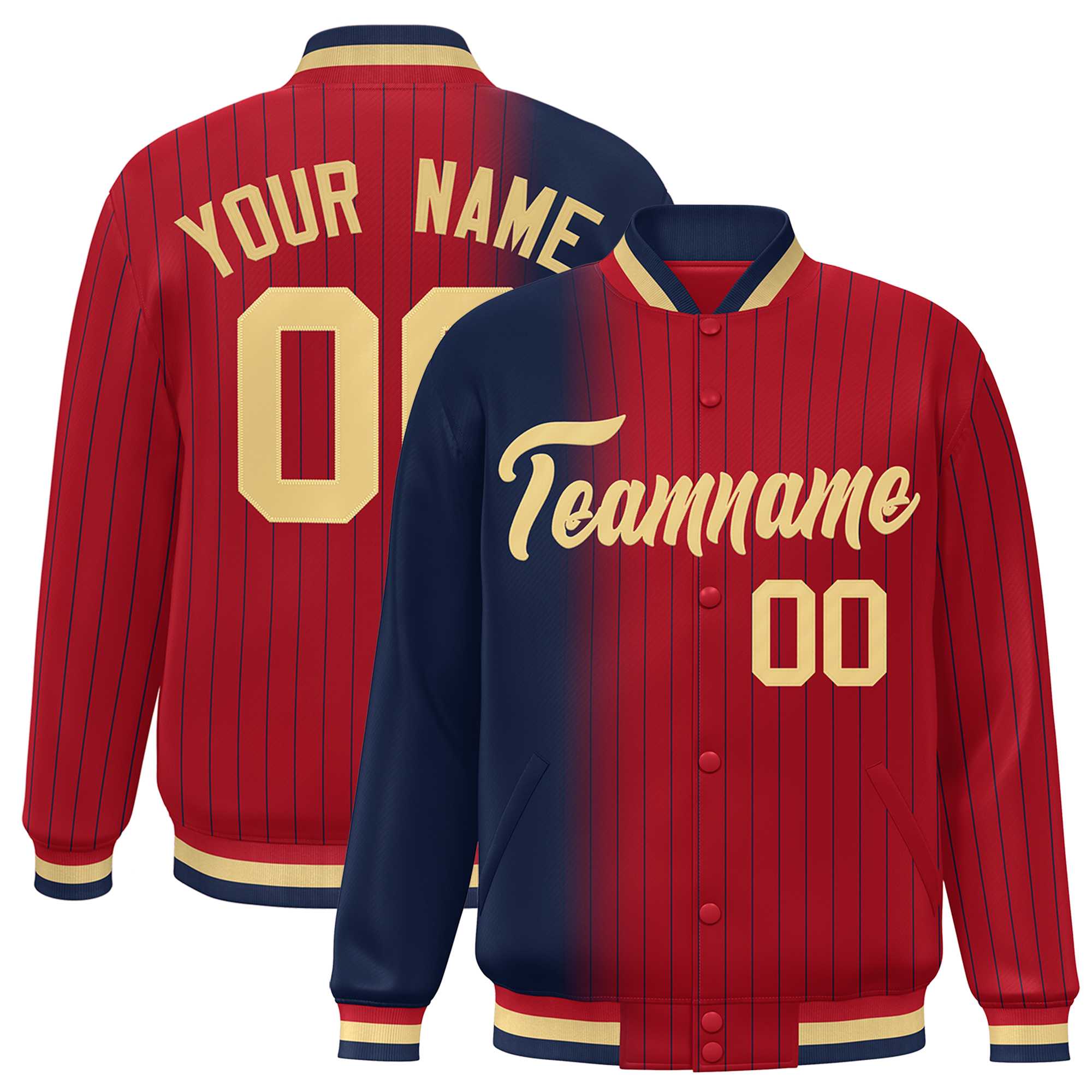 Custom Red Navy Gradient Varsity Full-Snap Pinstripe Letterman Baseball Jacket