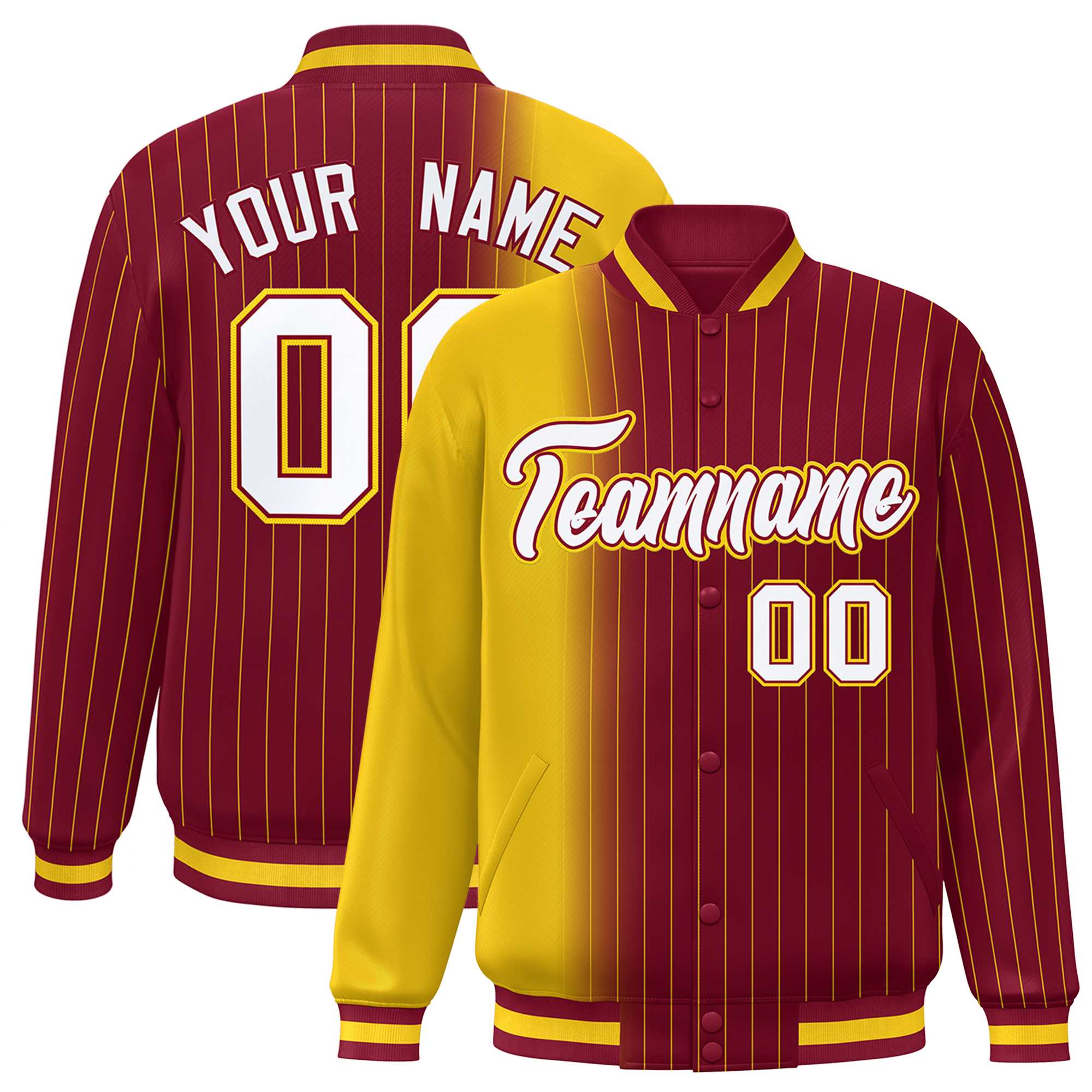 Custom Crimson Gold Gradient Varsity Full-Snap Pinstripe Letterman Baseball Jacket