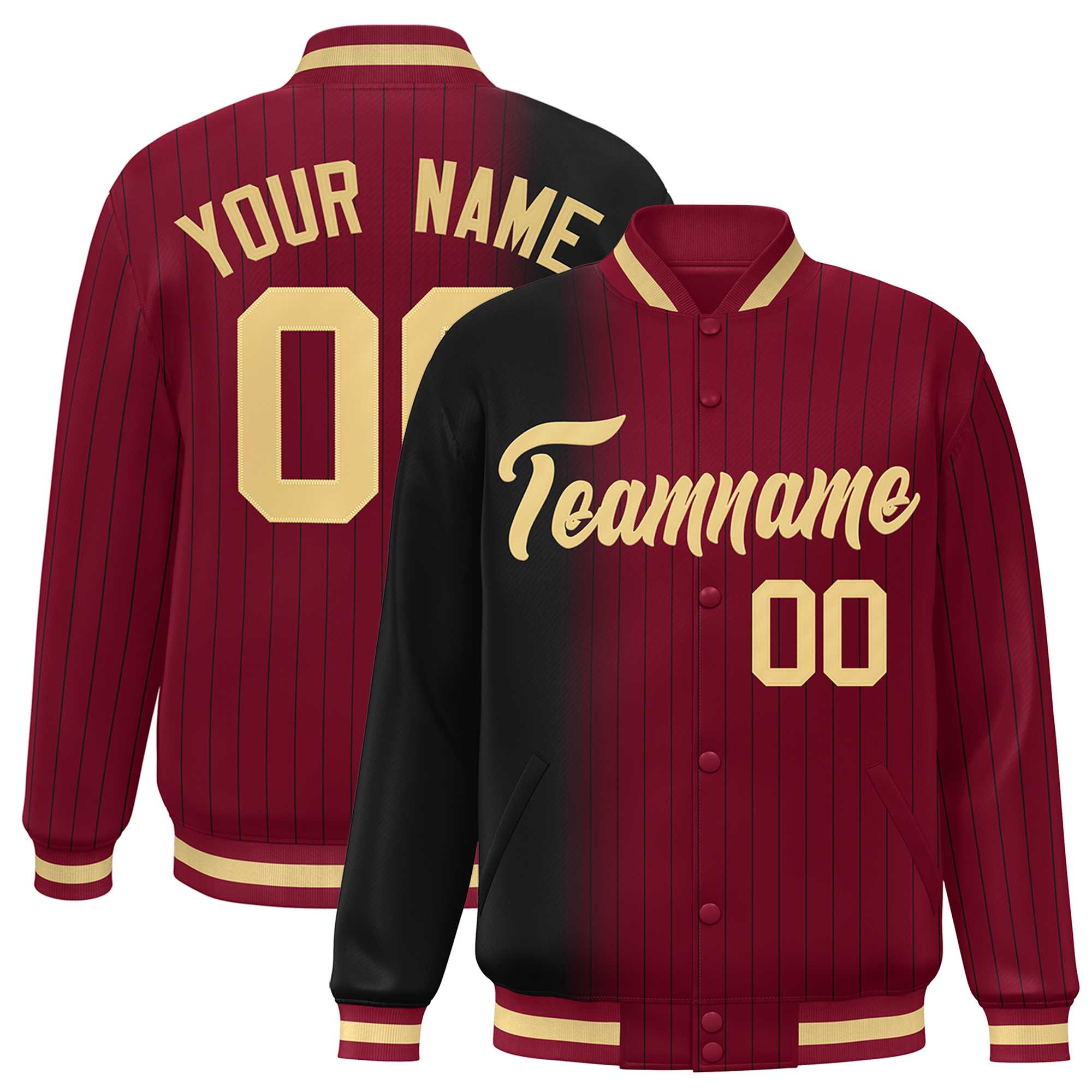 Custom Crimson Black Gradient Varsity Full-Snap Pinstripe Letterman Baseball Jacket