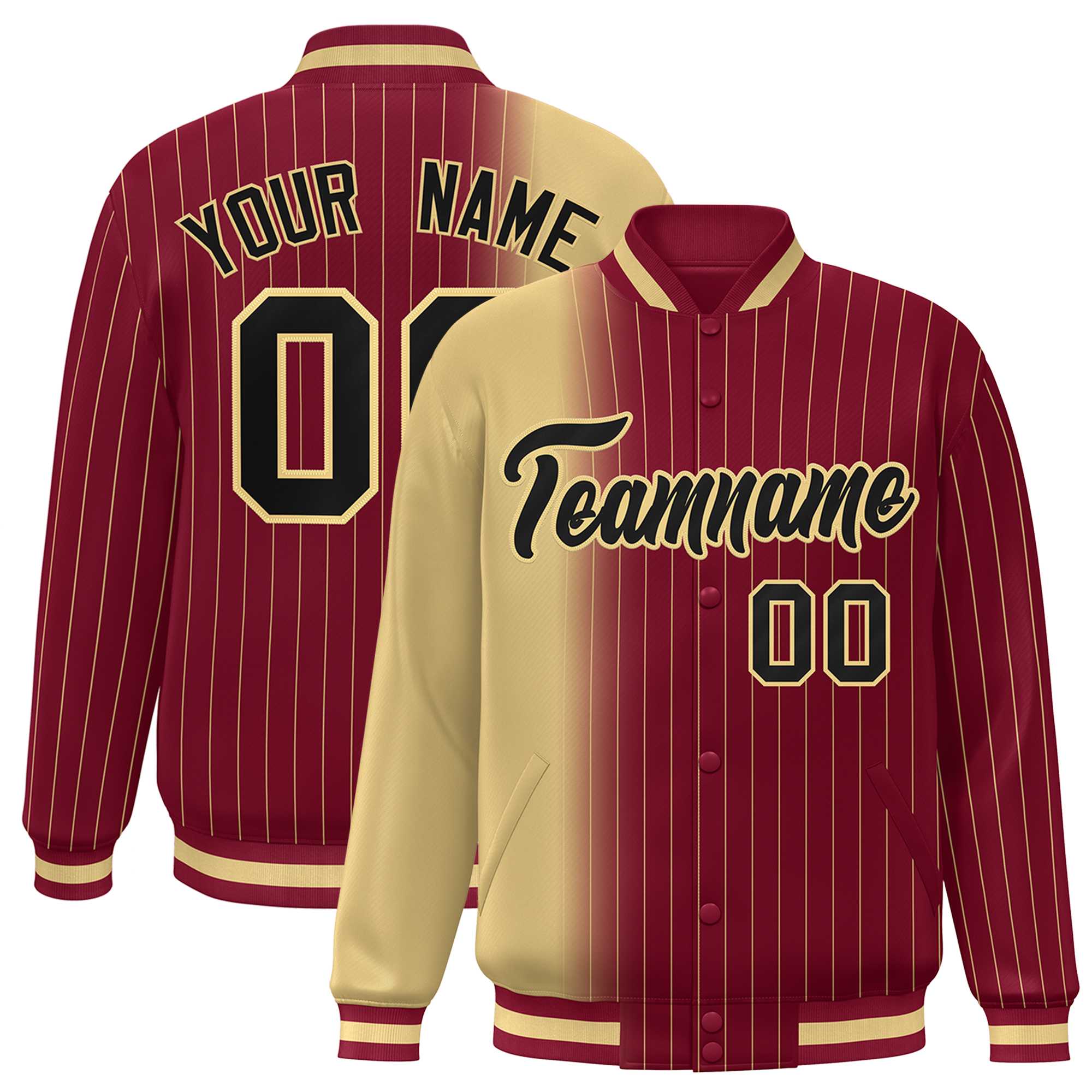 Custom Crimson Khaki Gradient Varsity Full-Snap Pinstripe Letterman Baseball Jacket