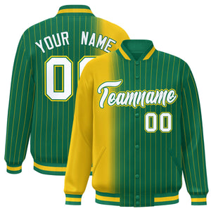 Custom Kelly Green Gold Gradient Varsity Full-Snap Pinstripe Letterman Baseball Jacket