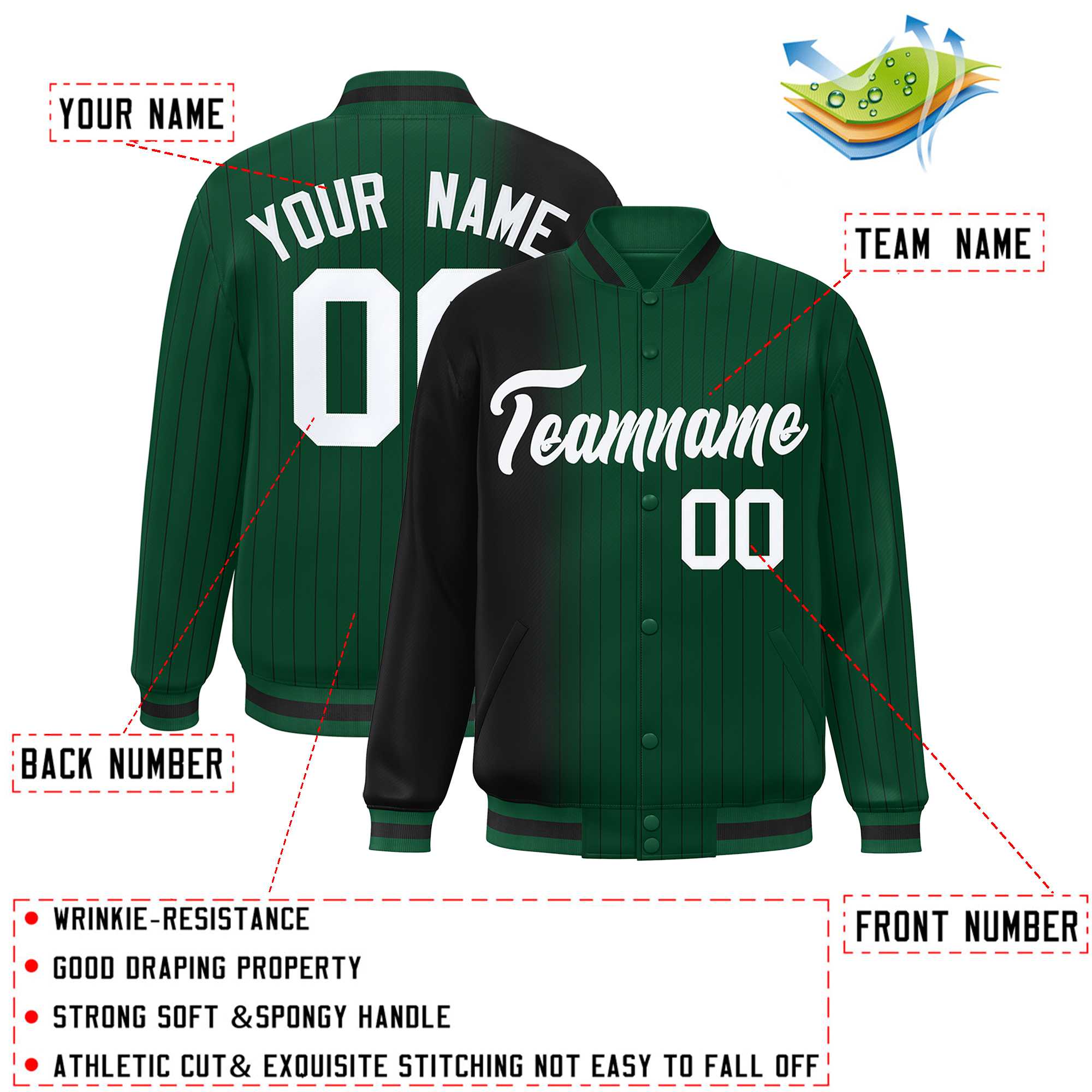 Custom Green Black Gradient Varsity Full-Snap Pinstripe Letterman Baseball Jacket