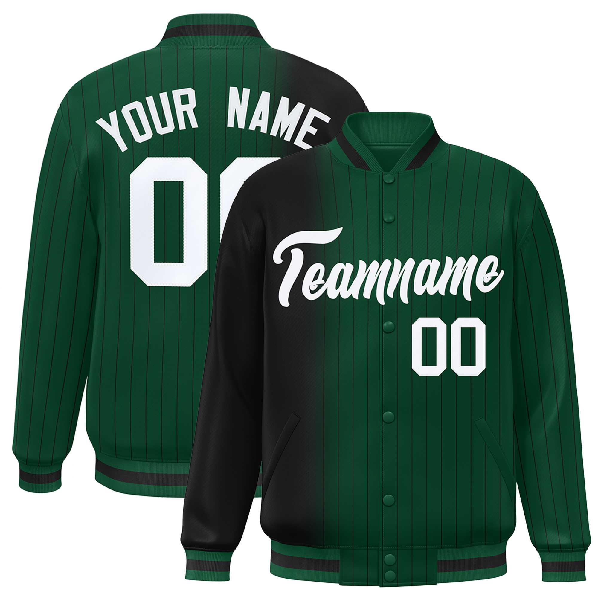 Custom Green Black Gradient Varsity Full-Snap Pinstripe Letterman Baseball Jacket