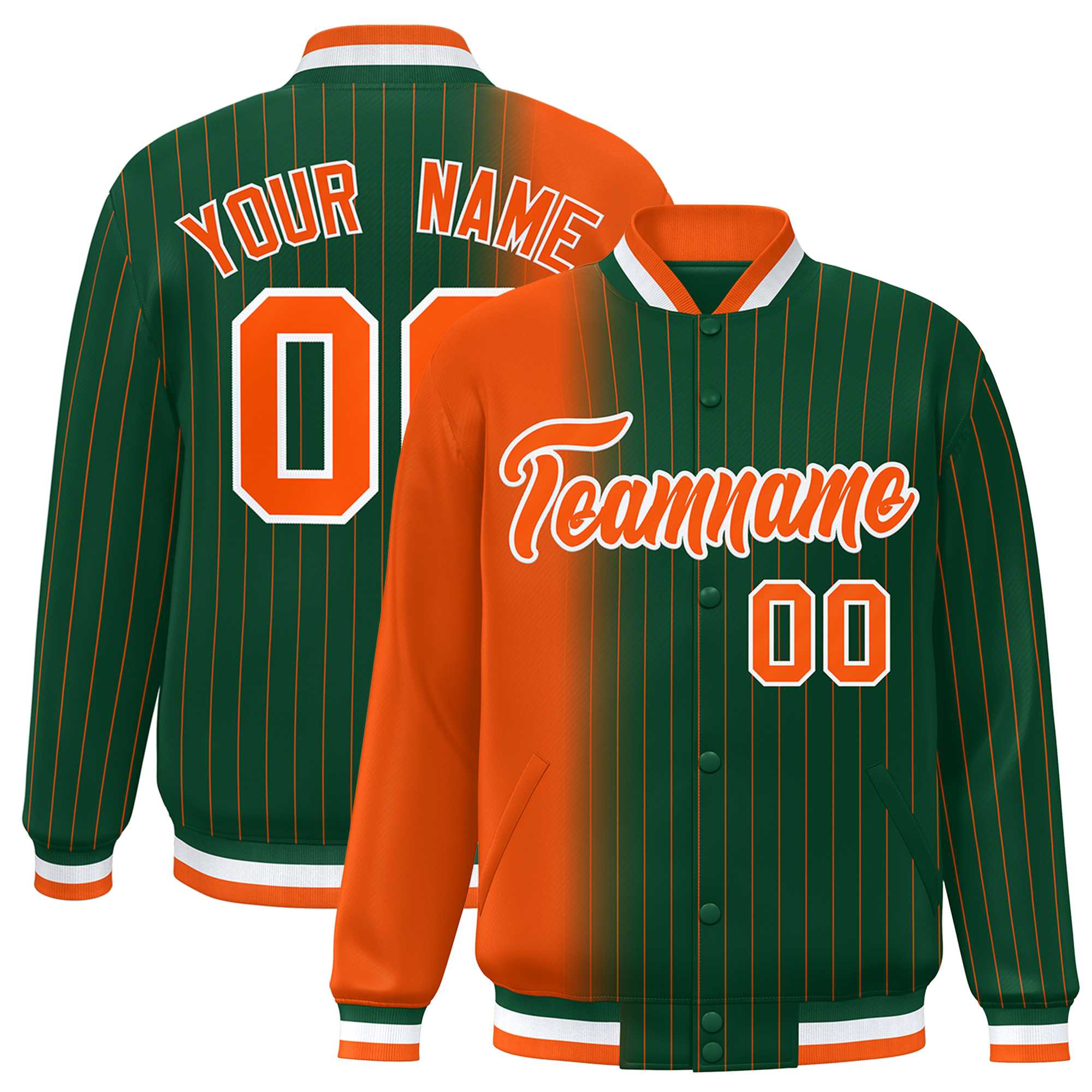 Custom Green Orange Gradient Varsity Full-Snap Pinstripe Letterman Baseball Jacket