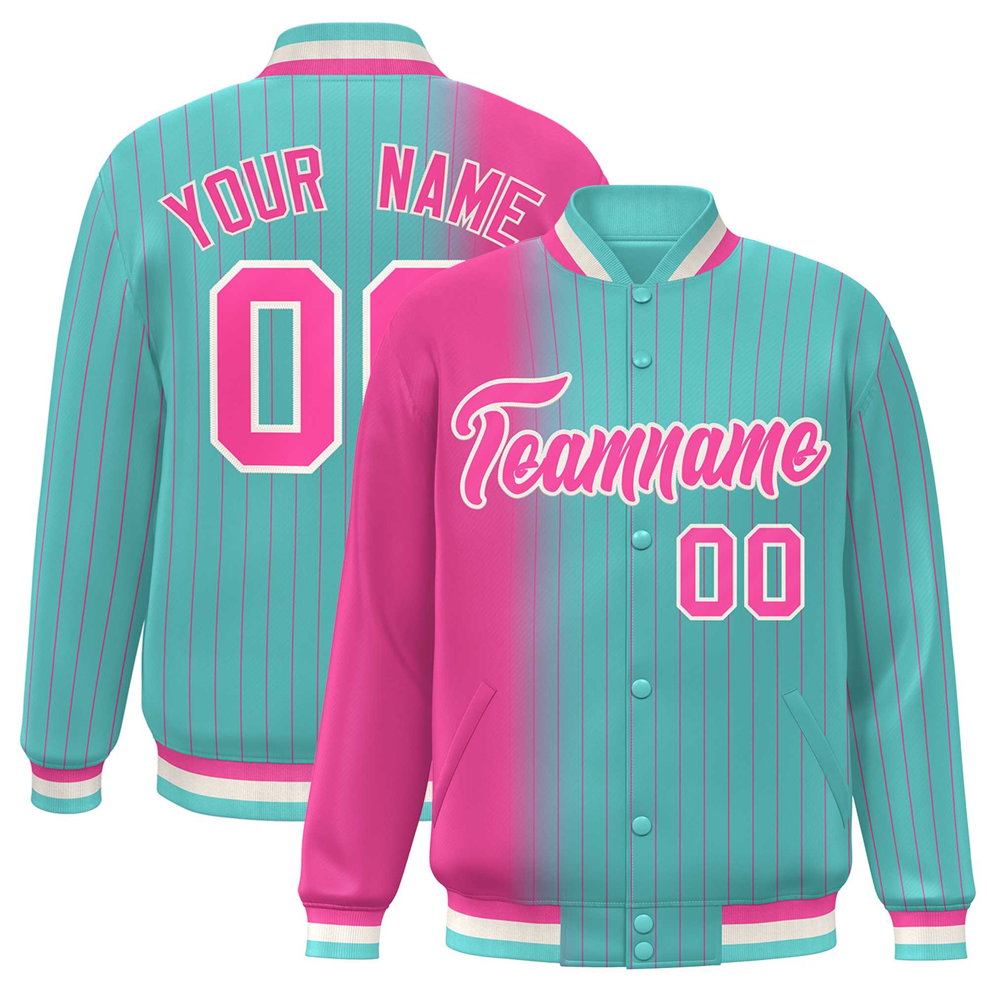 Custom Bright Green Pink Gradient Varsity Full-Snap Pinstripe Letterman Baseball Jacket