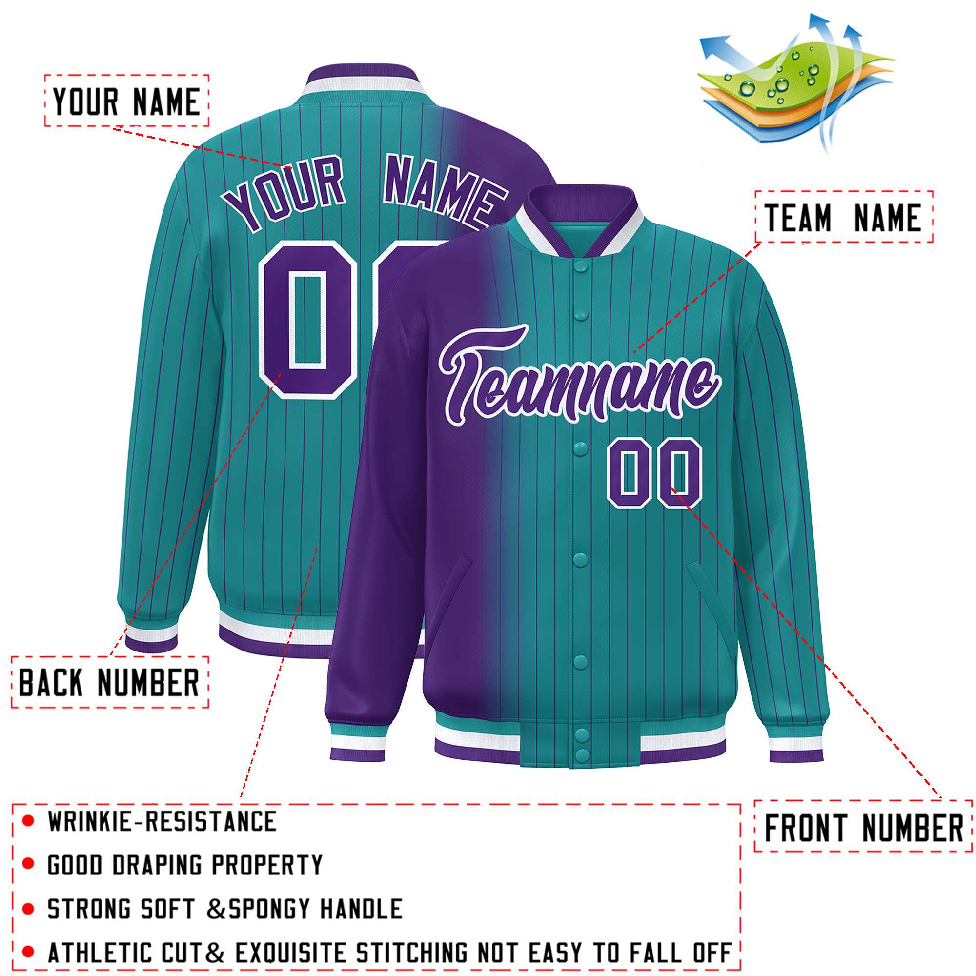 Custom Aqua Purple Gradient Varsity Full-Snap Pinstripe Letterman Baseball Jacket