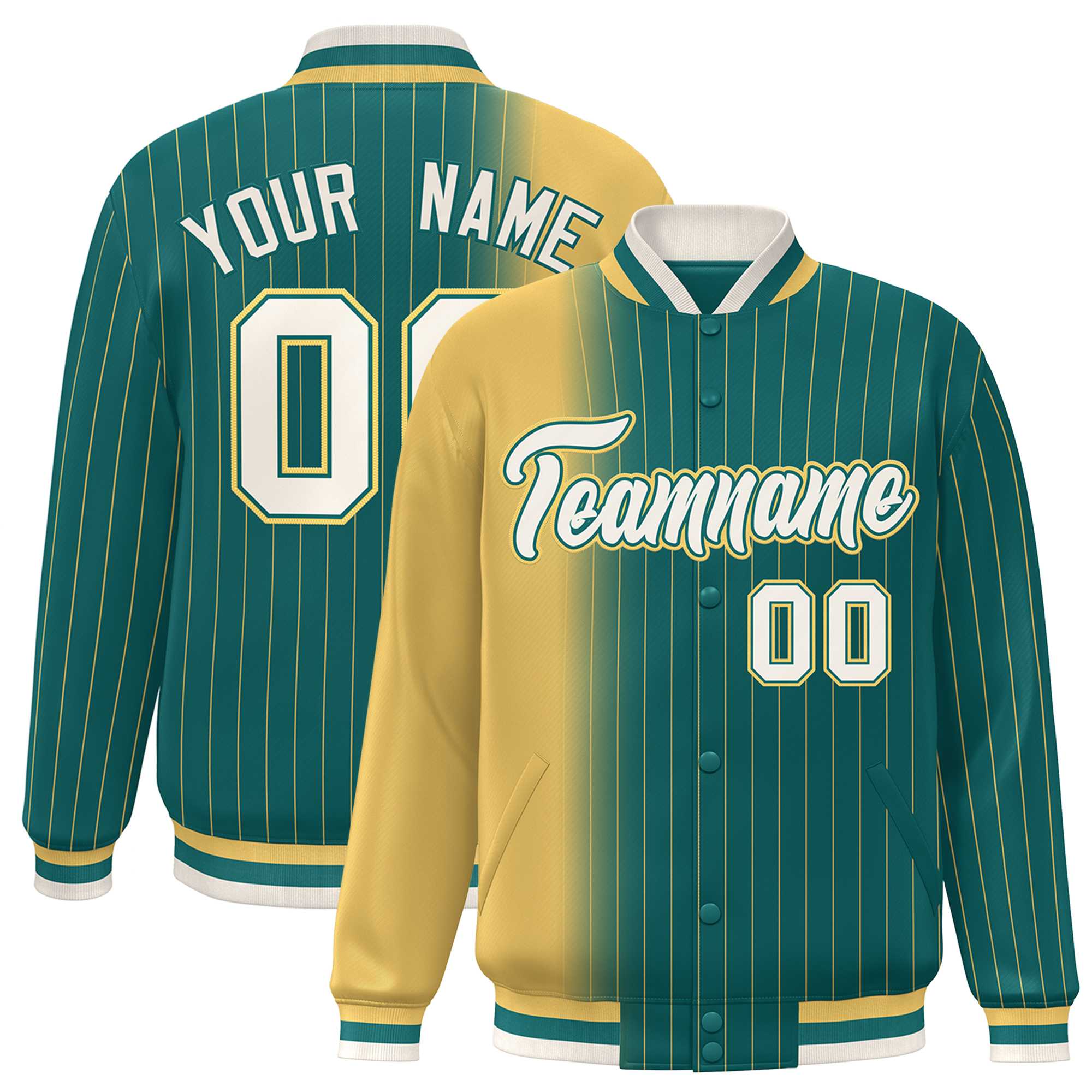 Custom AquaYellowGradient Varsity Full-Snap Pinstripe Letterman Baseball Jacket