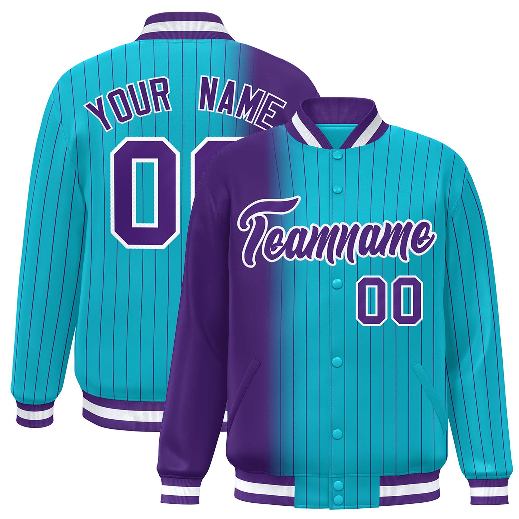 Custom Sky Blue Purple Gradient Varsity Full-Snap Pinstripe Letterman Baseball Jacket