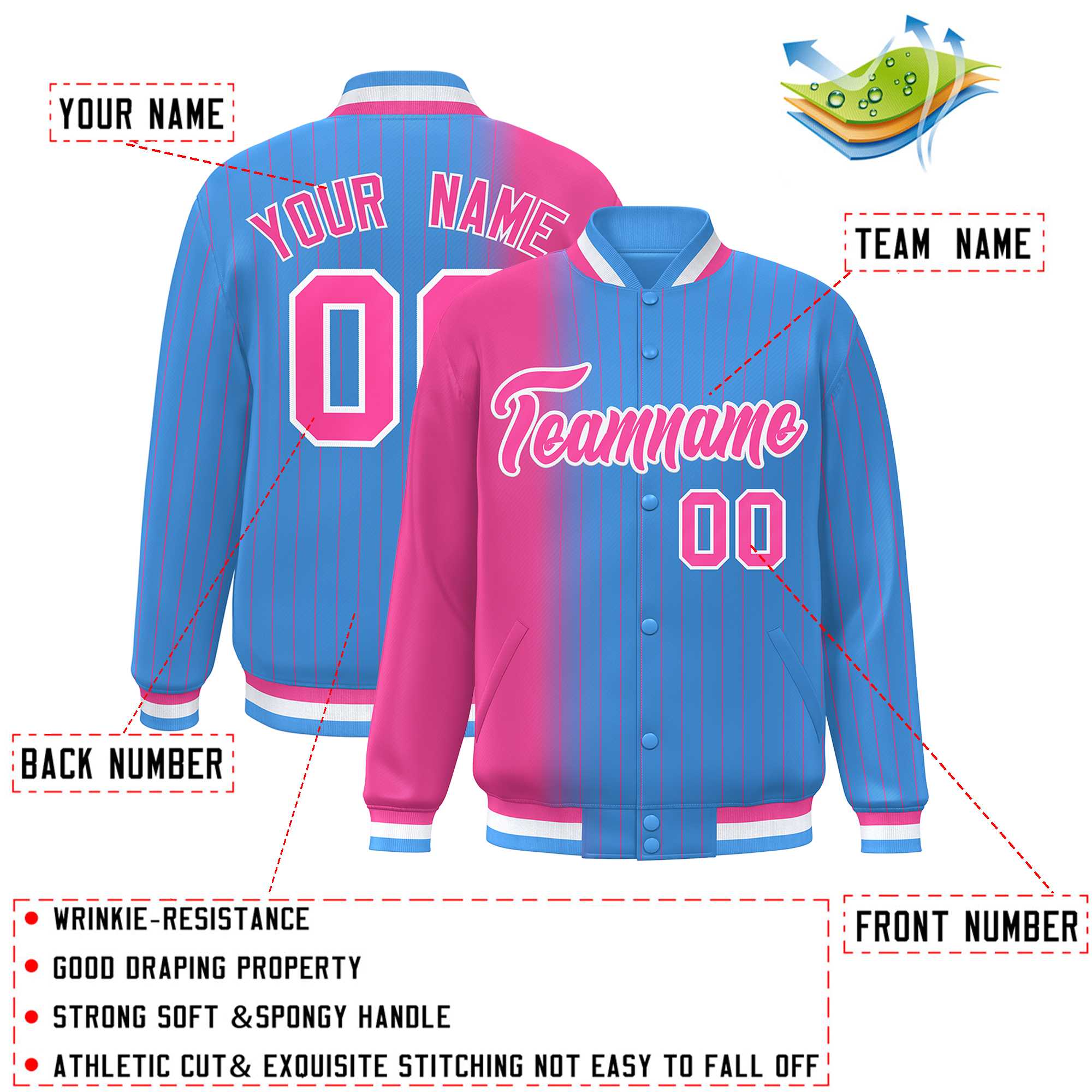 Custom Powder Blue Pink Gradient Varsity Full-Snap Pinstripe Letterman Baseball Jacket