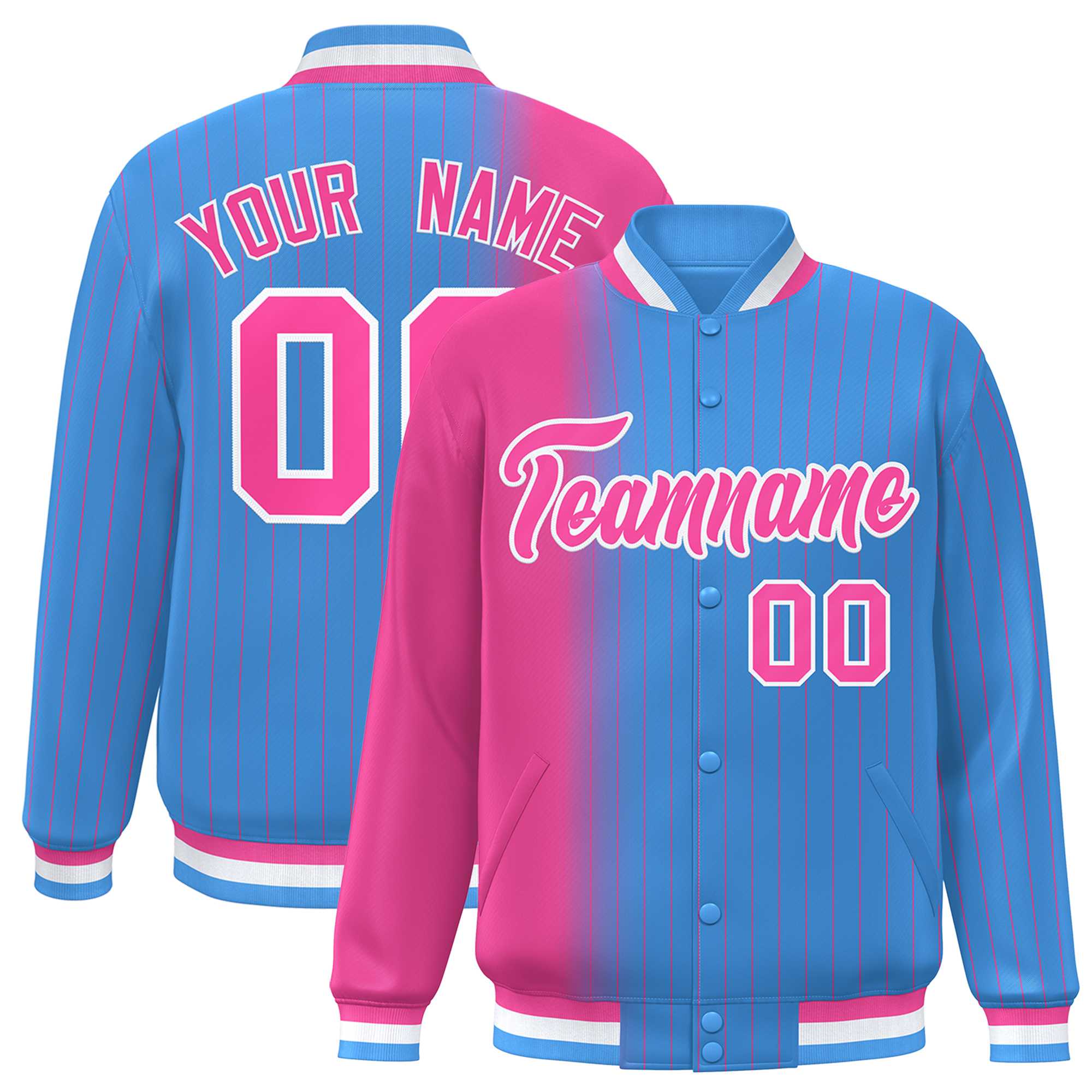 Custom Powder Blue Pink Gradient Varsity Full-Snap Pinstripe Letterman Baseball Jacket