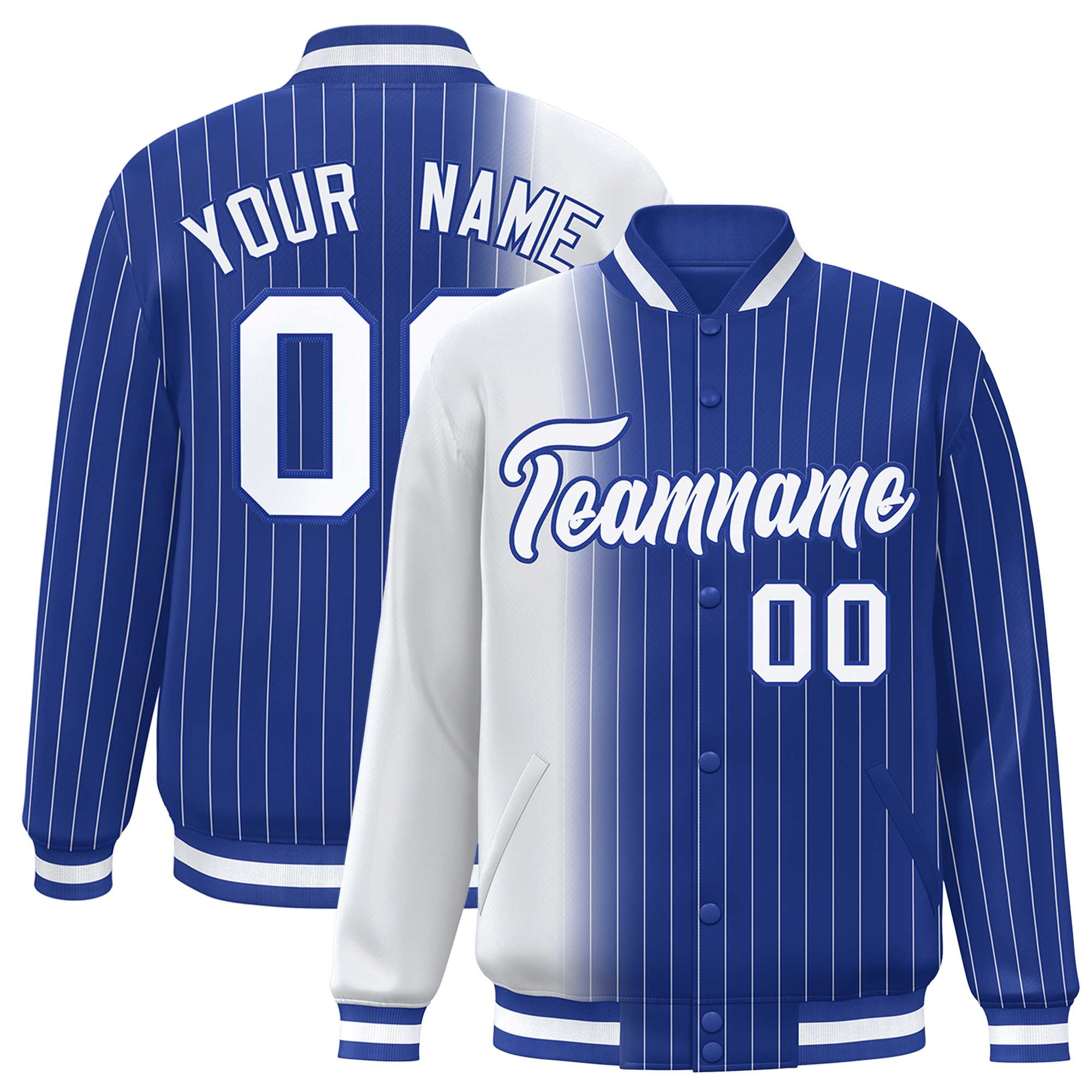 Custom Royal White Gradient Varsity Full-Snap Pinstripe Letterman Baseball Jacket