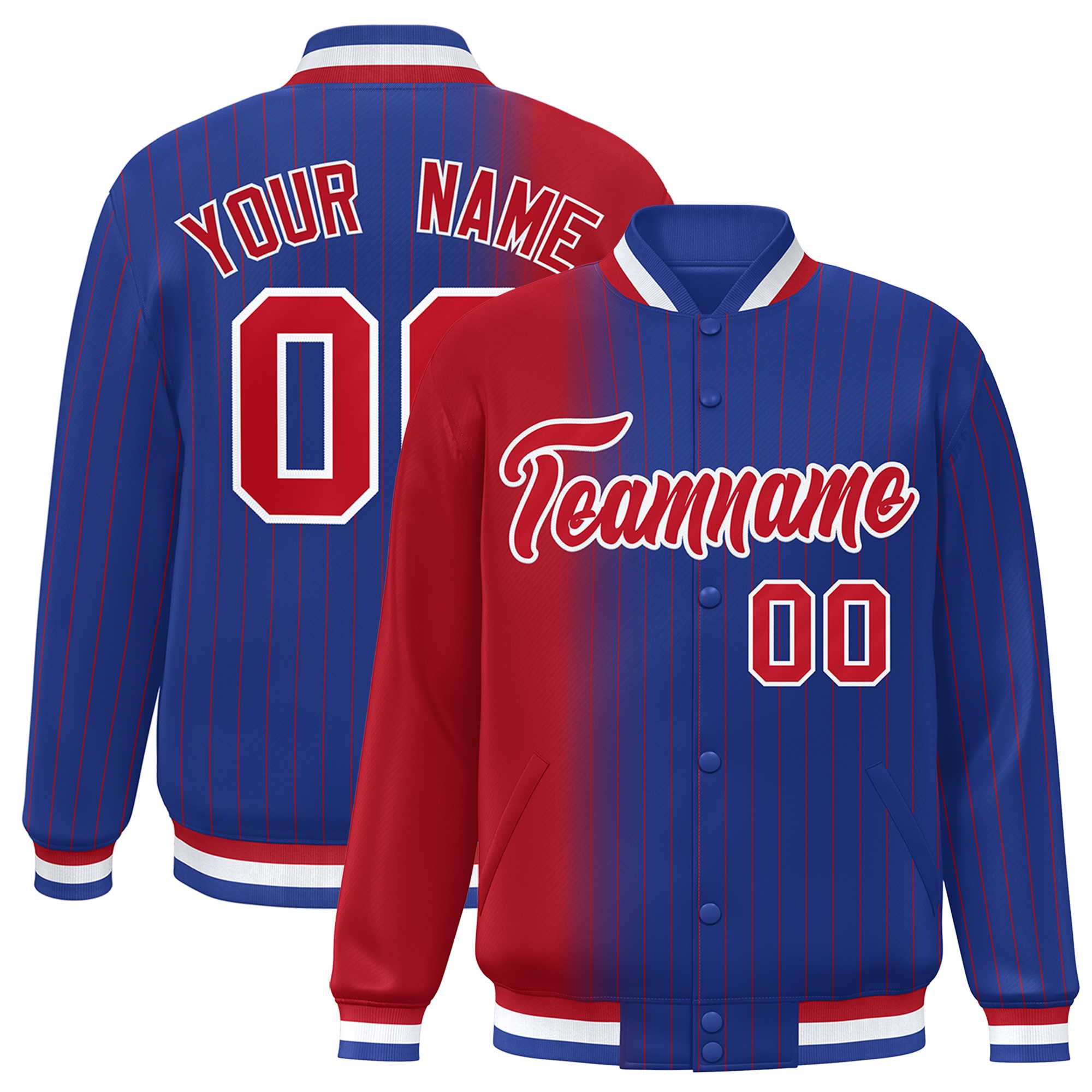 Custom Royal Red Gradient Varsity Full-Snap Pinstripe Letterman Baseball Jacket