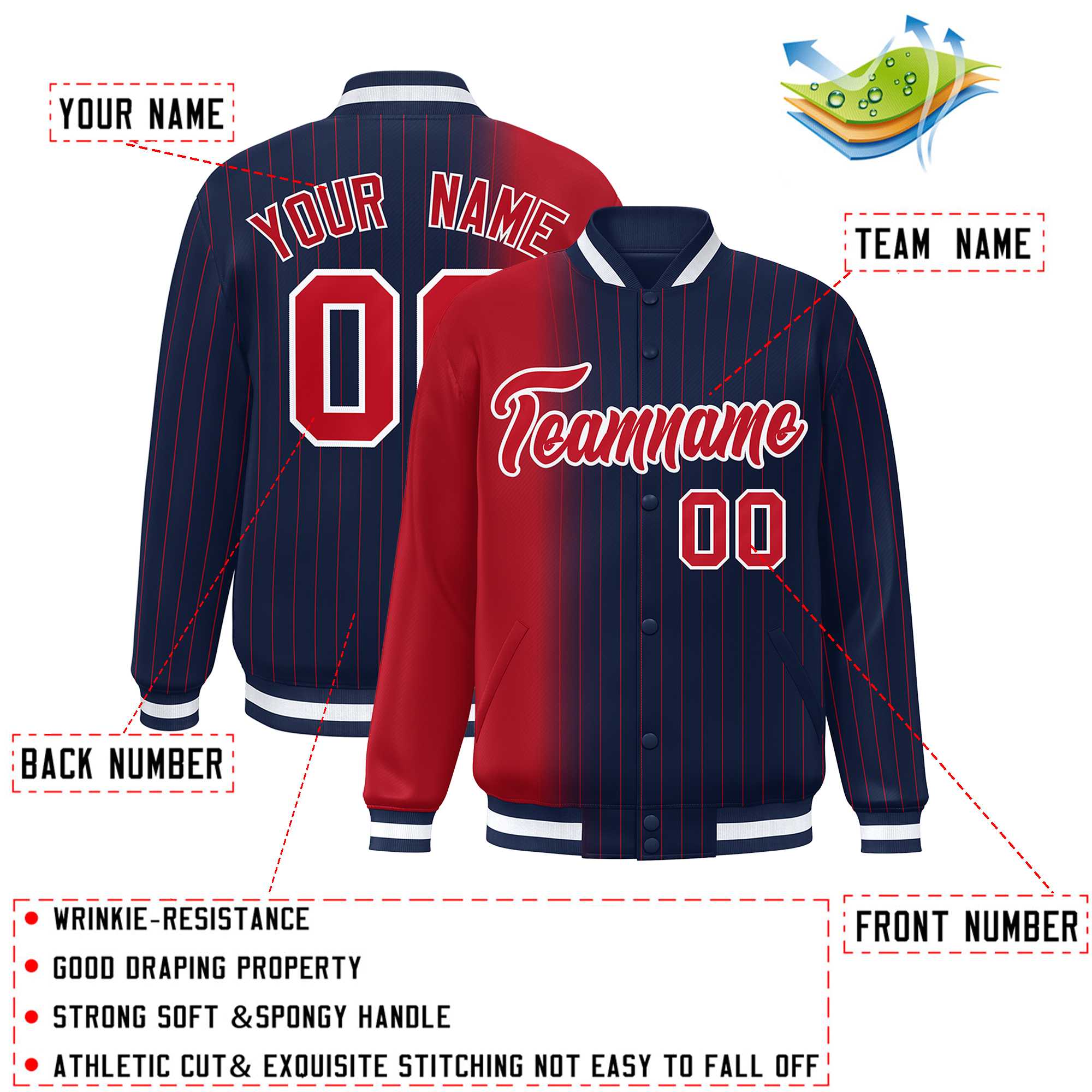 Custom Navy Red Gradient Varsity Full-Snap Pinstripe Letterman Baseball Jacket