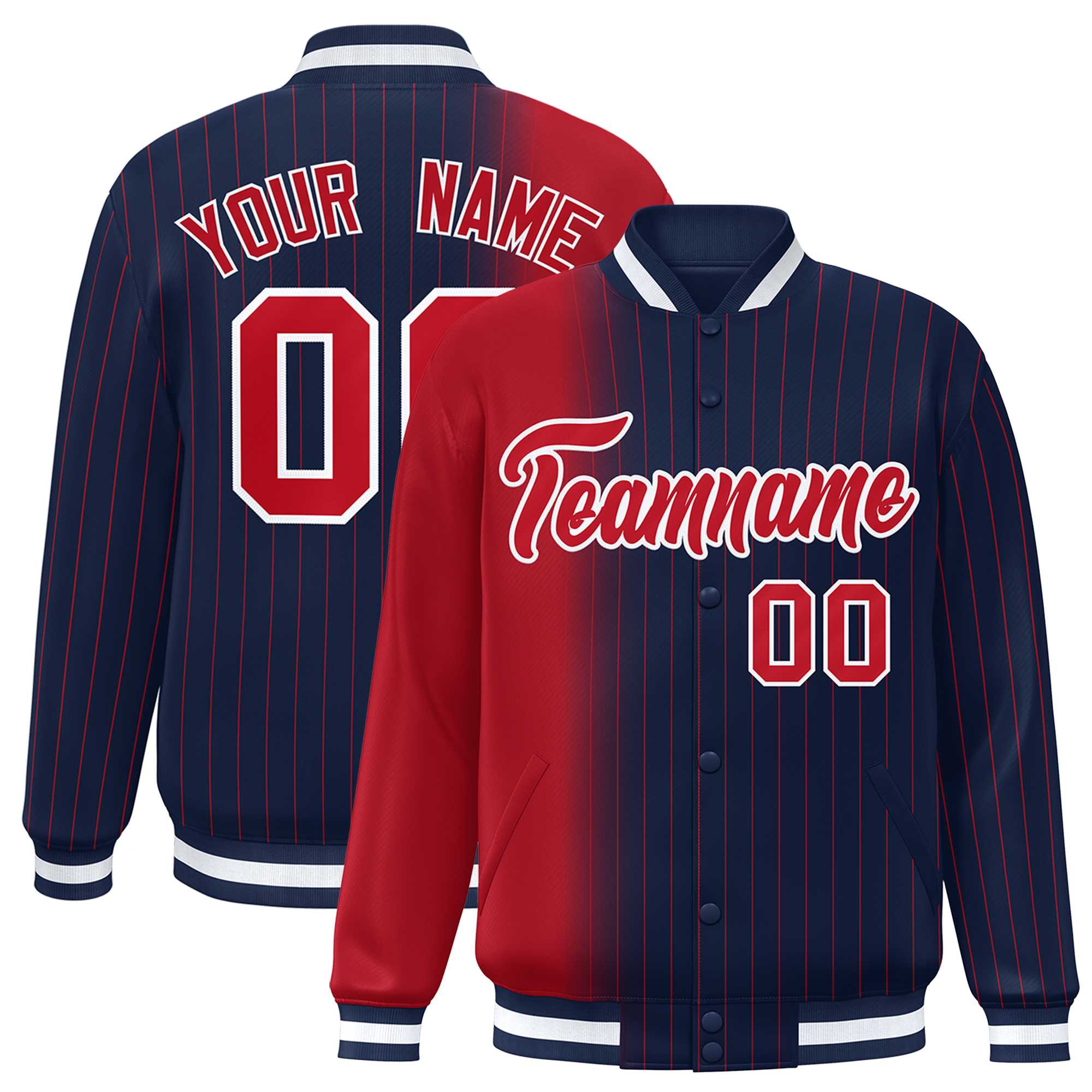 Custom Navy Red Gradient Varsity Full-Snap Pinstripe Letterman Baseball Jacket