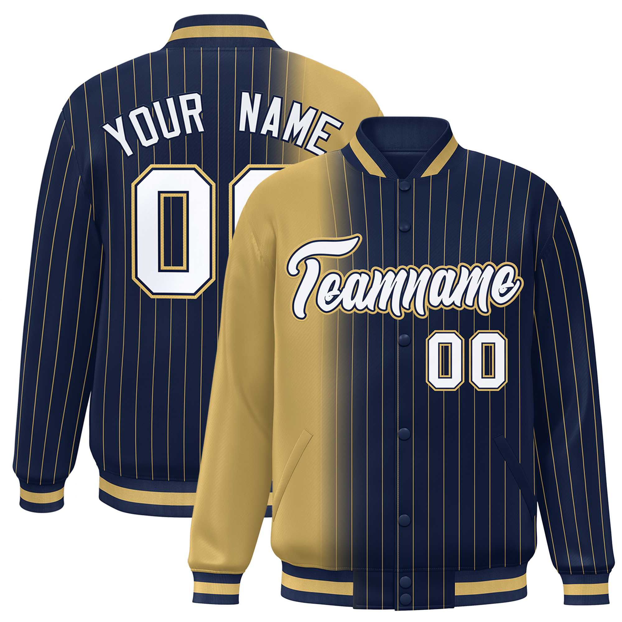 Custom Navy Old Gold Gradient Varsity Full-Snap Pinstripe Letterman Baseball Jacket