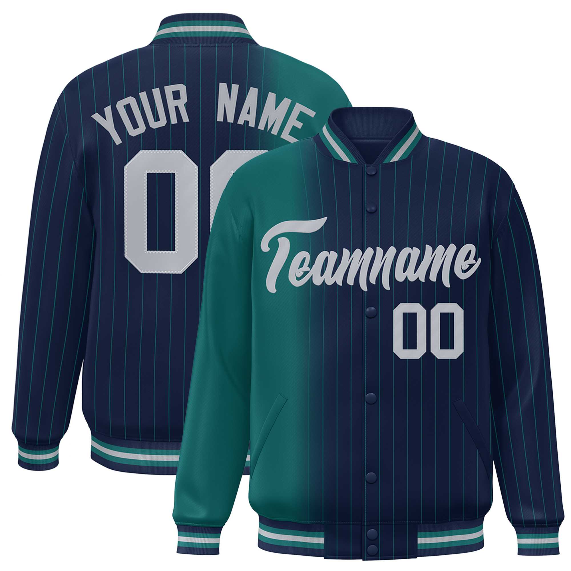 Custom Navy Aqua Gradient Varsity Full-Snap Pinstripe Letterman Baseball Jacket