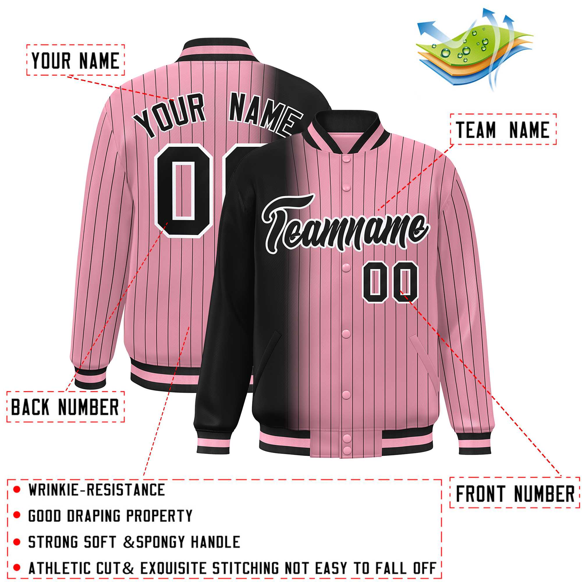 Custom Light Pink Black Gradient Varsity Full-Snap Pinstripe Letterman Baseball Jacket