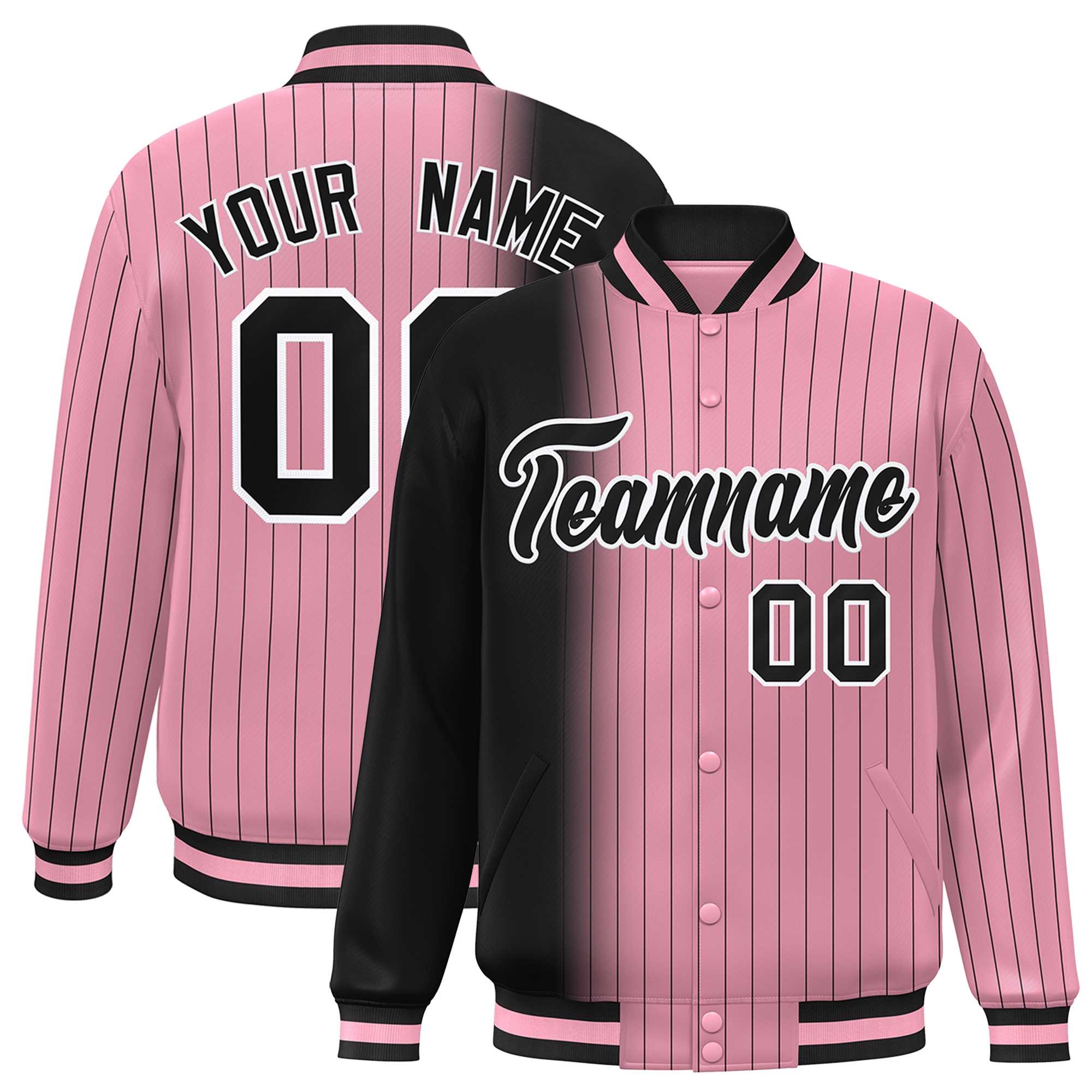 Custom Light Pink Black Gradient Varsity Full-Snap Pinstripe Letterman Baseball Jacket