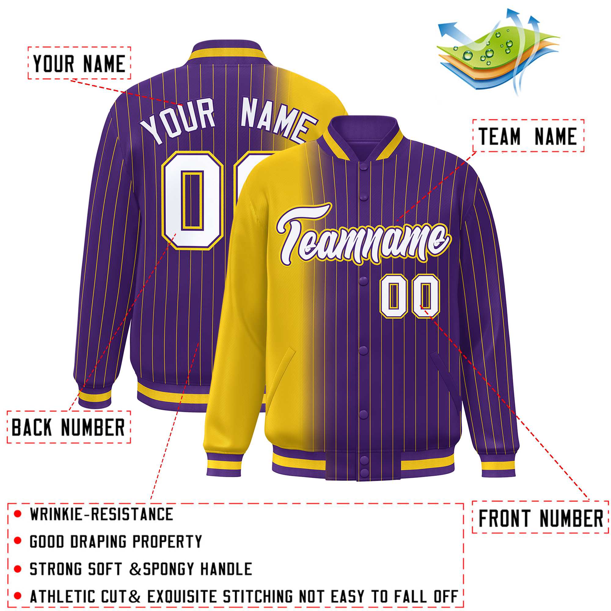 Custom Purple Gold Gradient Varsity Full-Snap Pinstripe Letterman Baseball Jacket