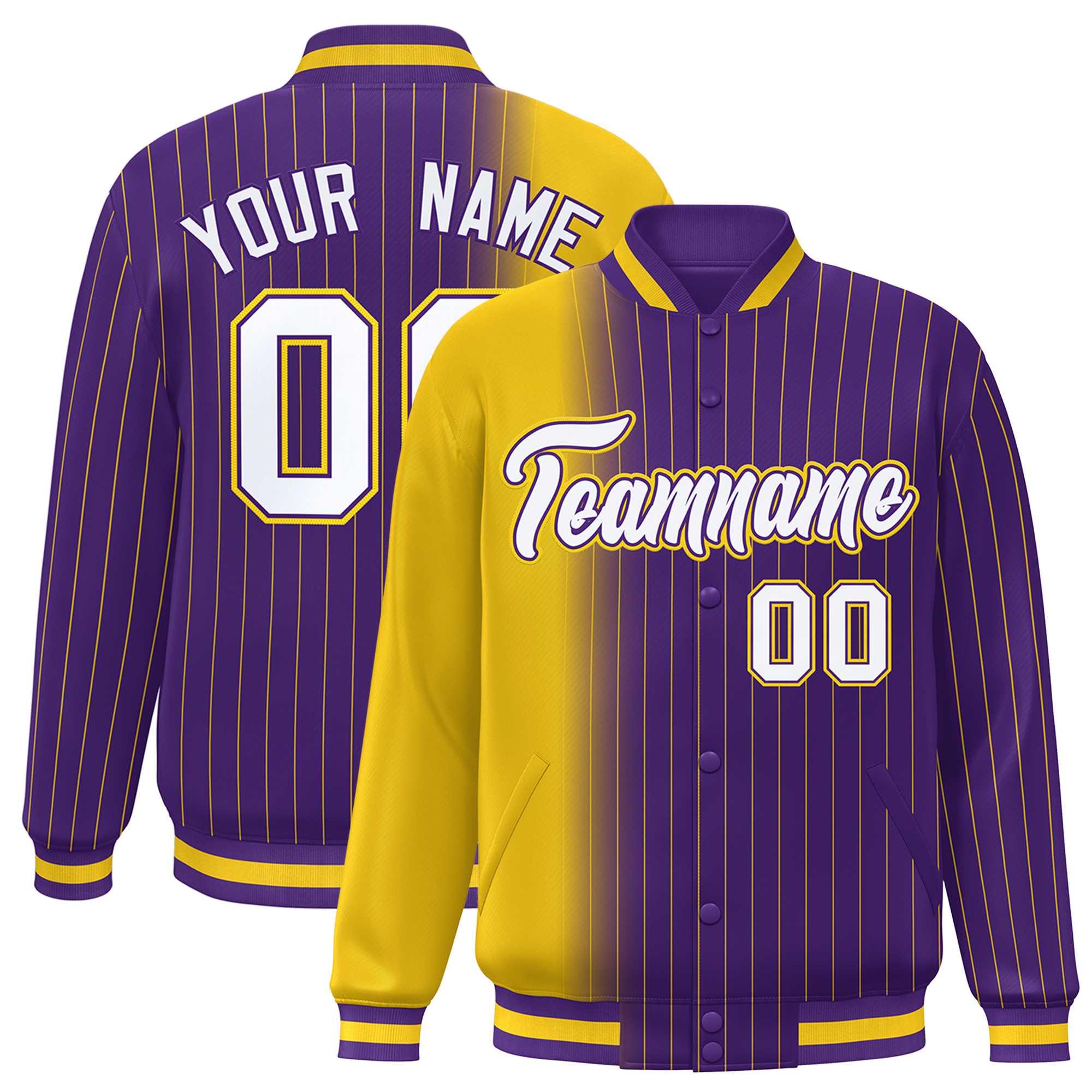 Custom Purple Gold Gradient Varsity Full-Snap Pinstripe Letterman Baseball Jacket