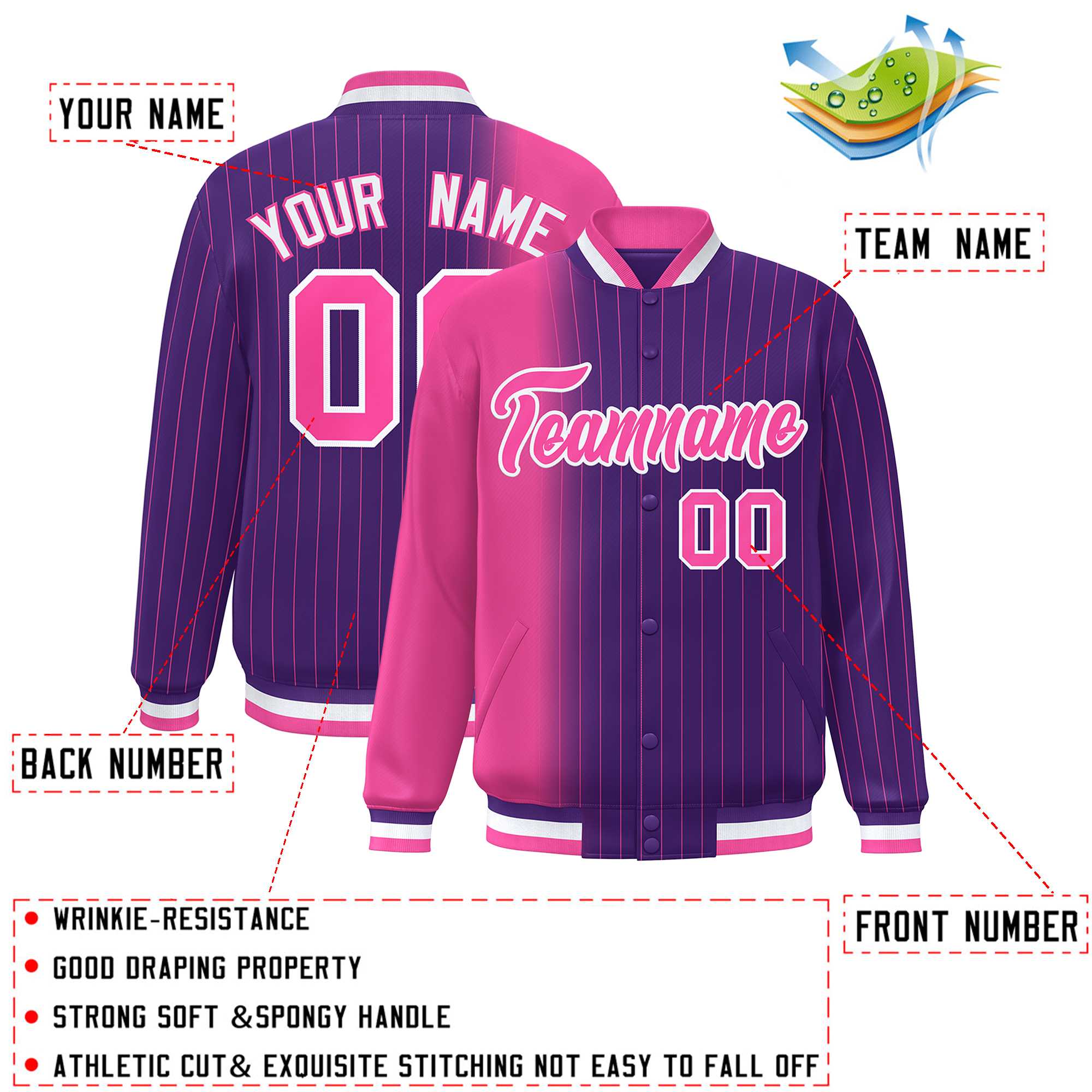 Custom Purple Pink Gradient Varsity Full-Snap Pinstripe Letterman Baseball Jacket