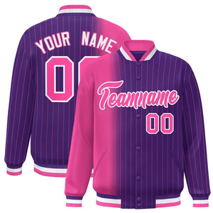 Custom Purple Pink Gradient Varsity Full-Snap Pinstripe Letterman Baseball Jacket