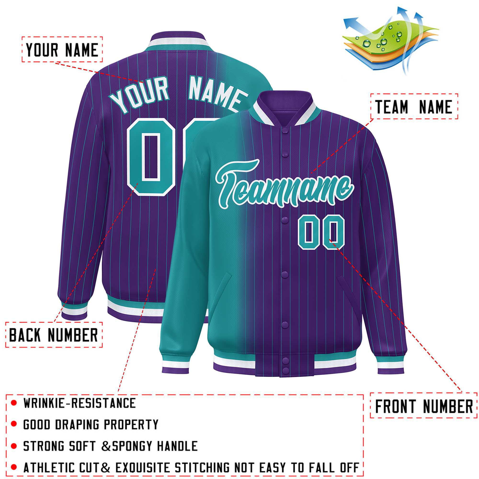 Custom Purple Aqua Gradient Varsity Full-Snap Pinstripe Letterman Baseball Jacket