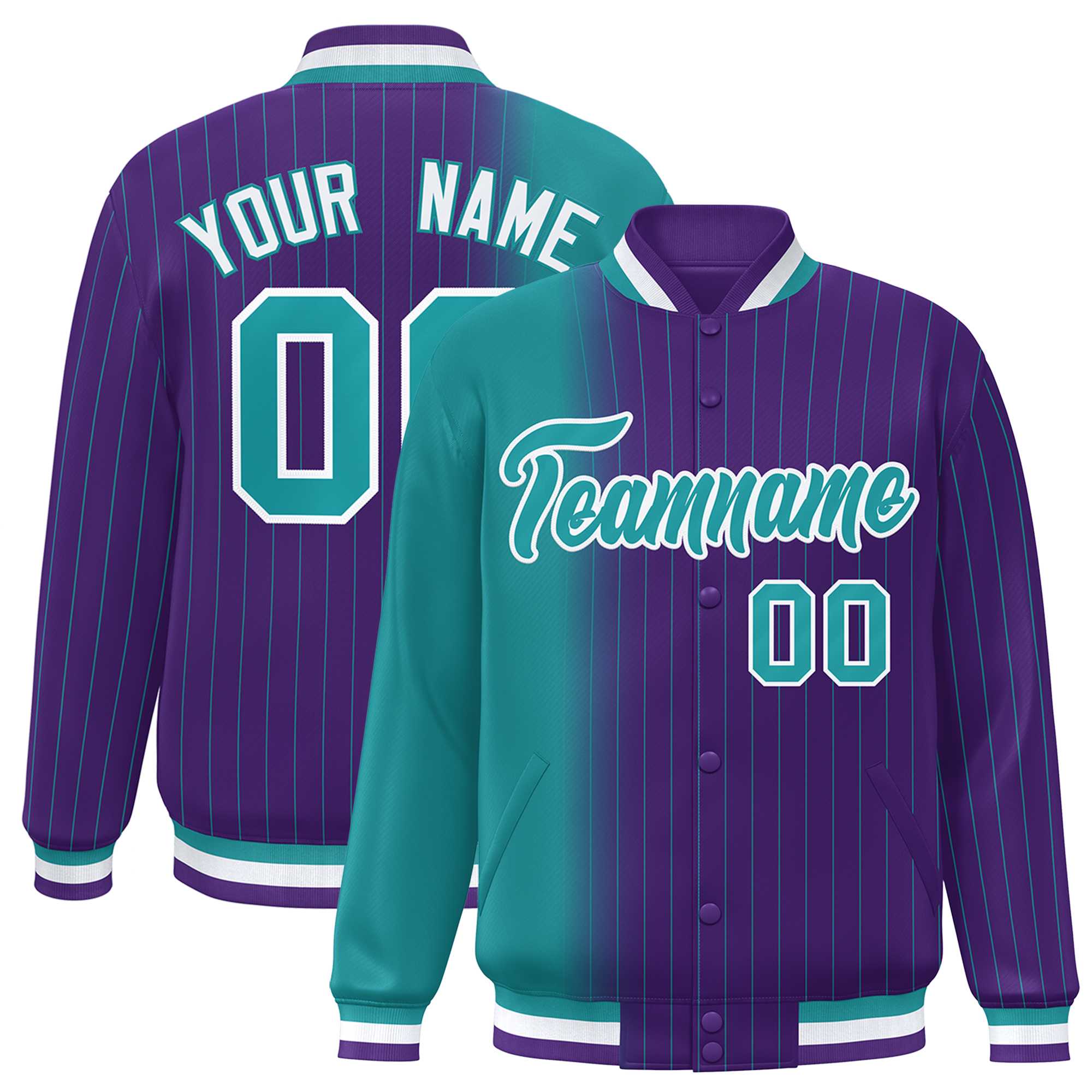 Custom Purple Aqua Gradient Varsity Full-Snap Pinstripe Letterman Baseball Jacket