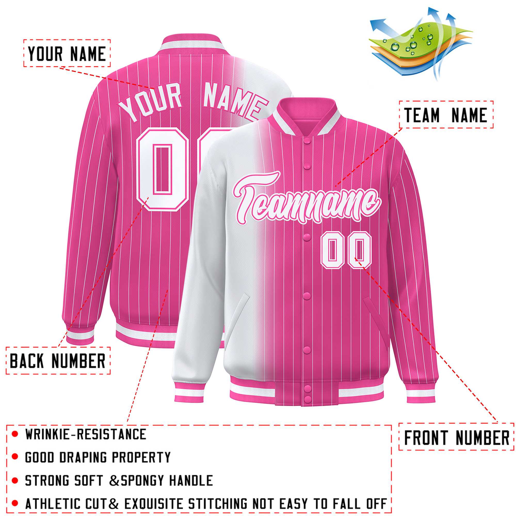 Custom Pink White Gradient Varsity Full-Snap Pinstripe Letterman Baseball Jacket