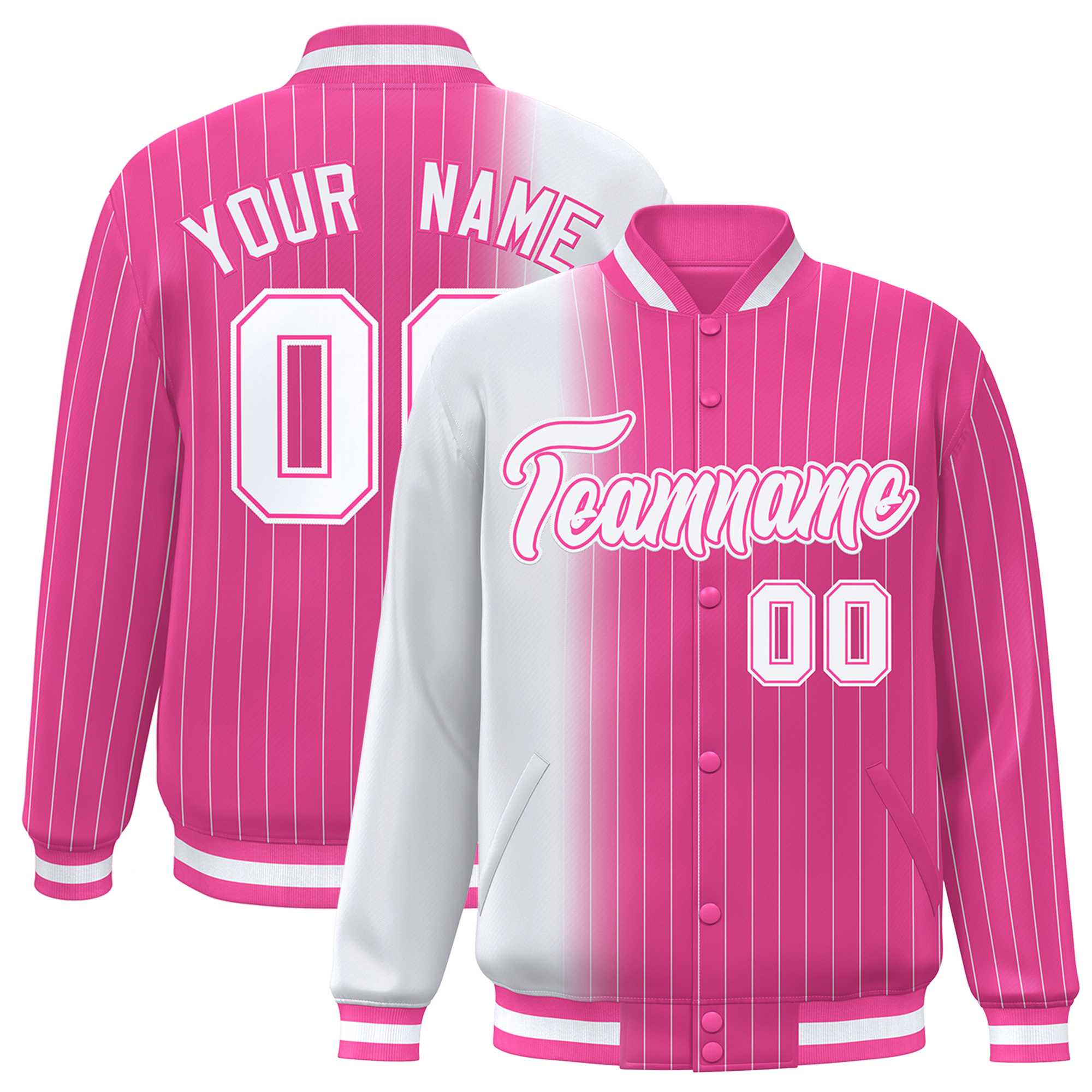 Custom Pink White Gradient Varsity Full-Snap Pinstripe Letterman Baseball Jacket