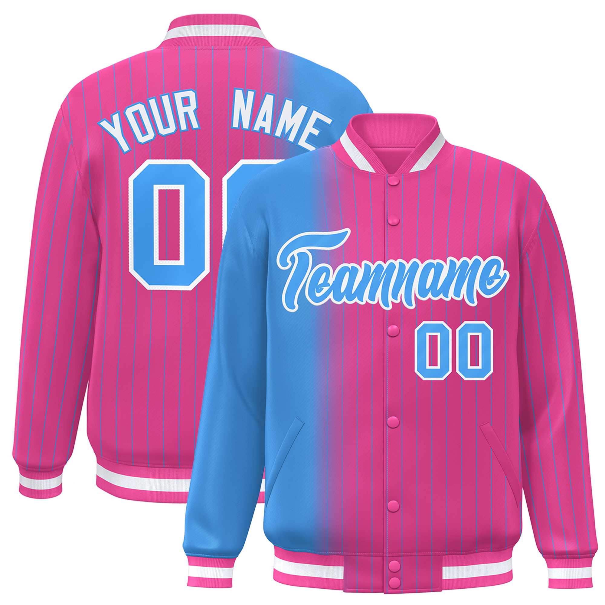 Custom Pink Powder Blue Gradient Varsity Full-Snap Pinstripe Letterman Baseball Jacket