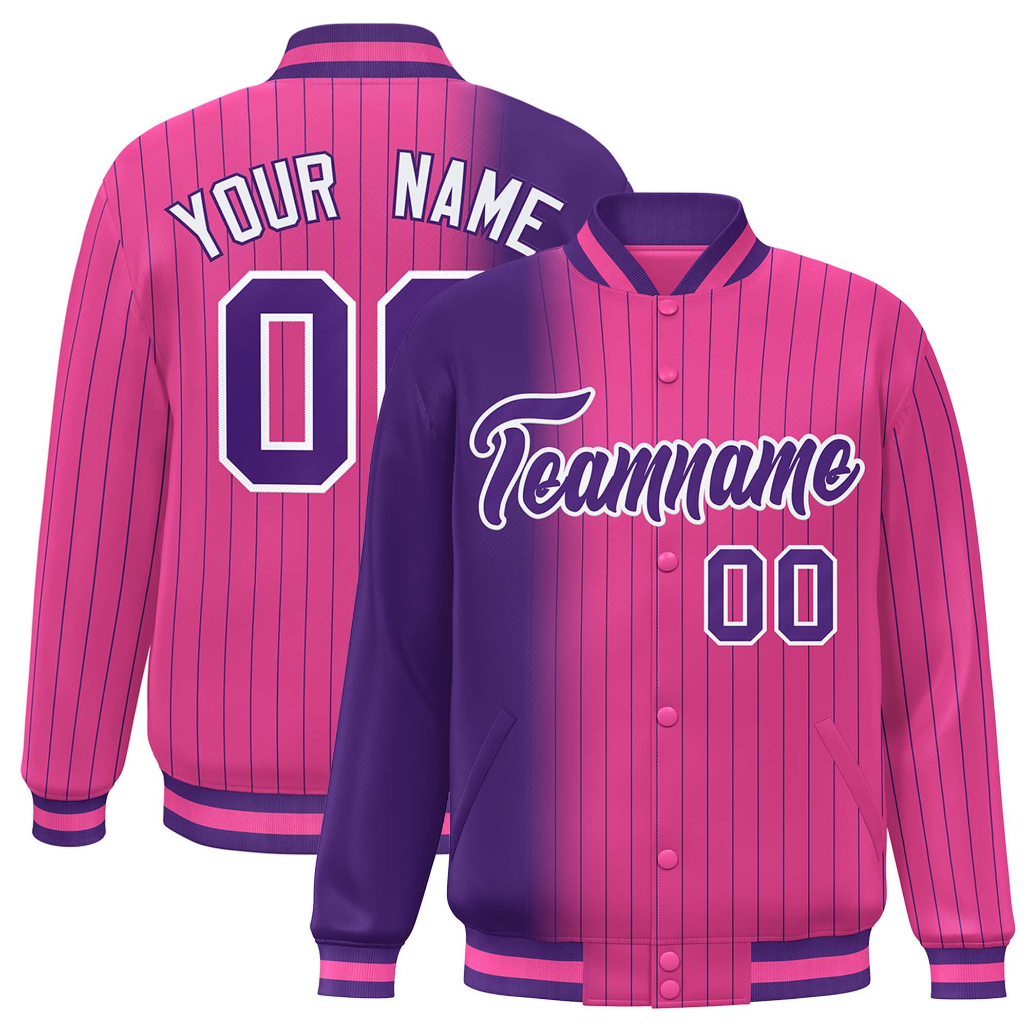 Custom Pink Purple Gradient Varsity Full-Snap Pinstripe Letterman Baseball Jacket