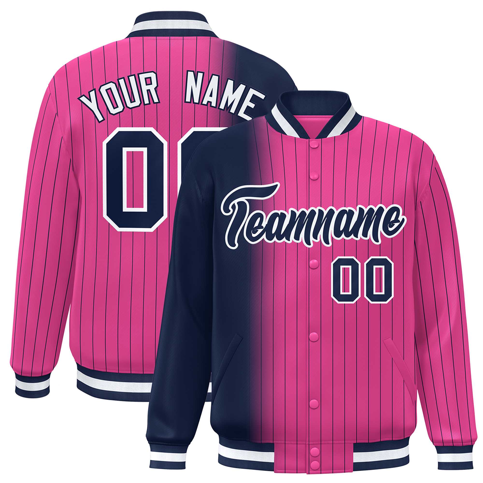 Custom Pink Navy Gradient Varsity Full-Snap Pinstripe Letterman Baseball Jacket