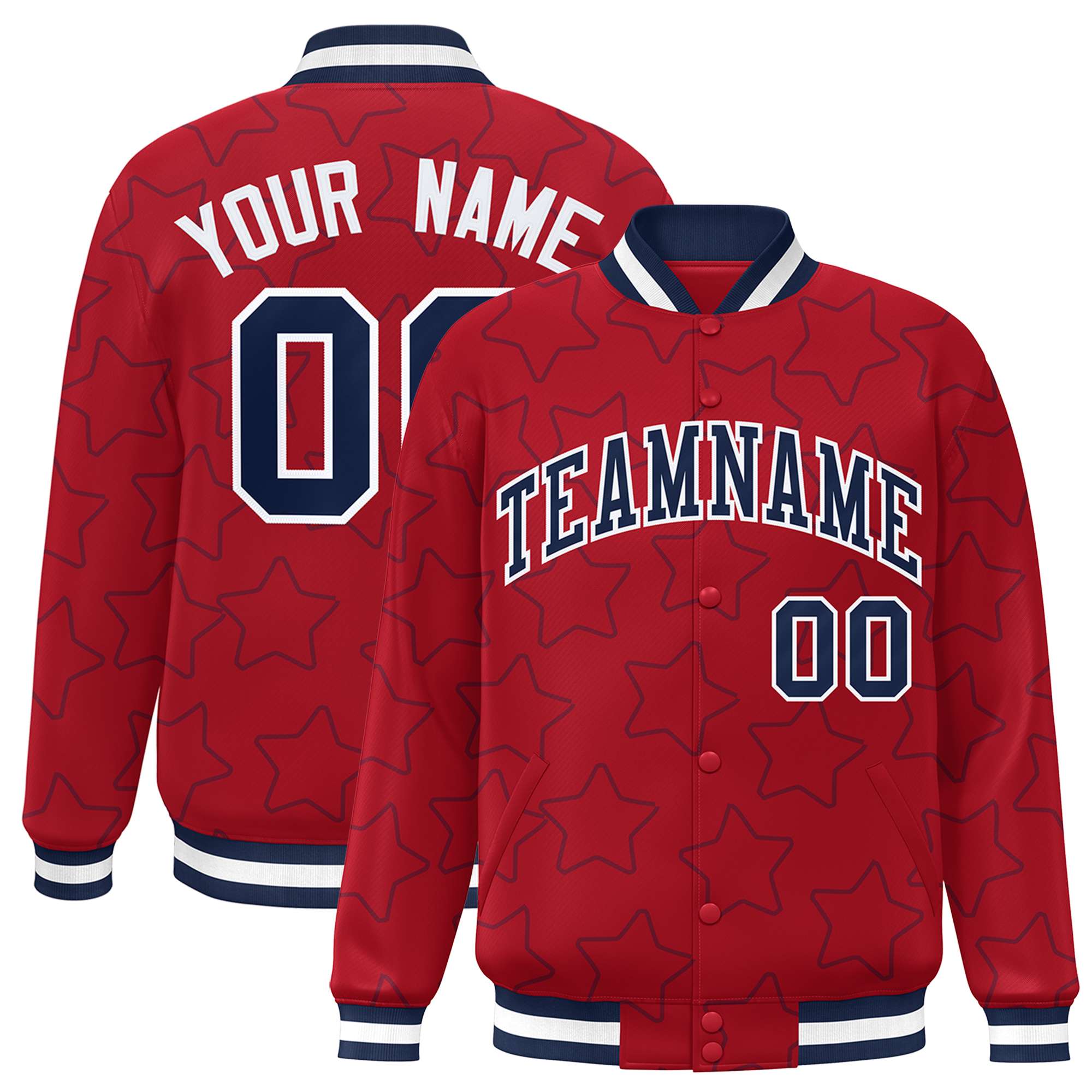 Custom Red Navy Varsity Full-Snap Star Pattern Letterman Baseball Jacket